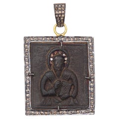 BIZANTINE 1690 Médaille Icone Orthodoxe en Cuivre 18Kt Vermeil Sterling & Diamants