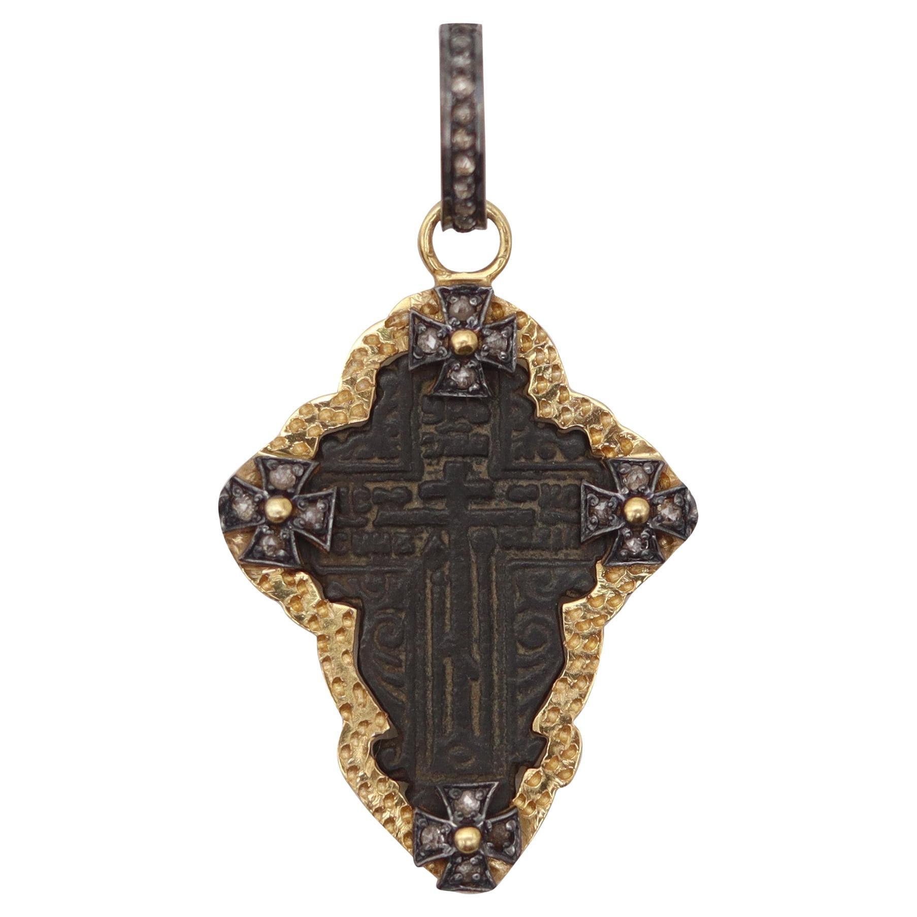 BIZANTINE 1775 Orthodox Cross In Copper 18Kt Vermeil Sterling And Diamonds