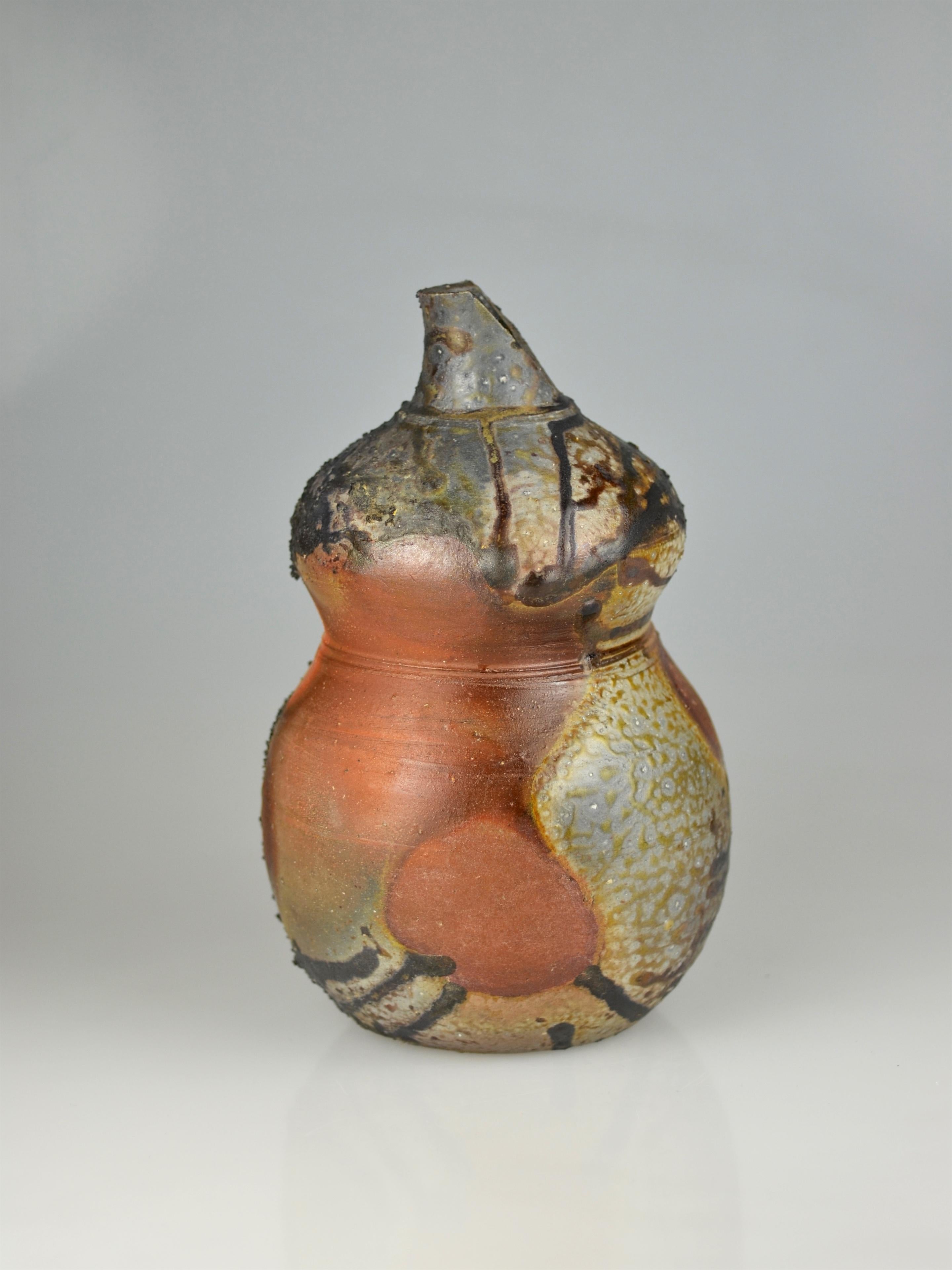Fired Bizen Flower Vase in Shape of a Gourd by Fujiwara Kazu For Sale