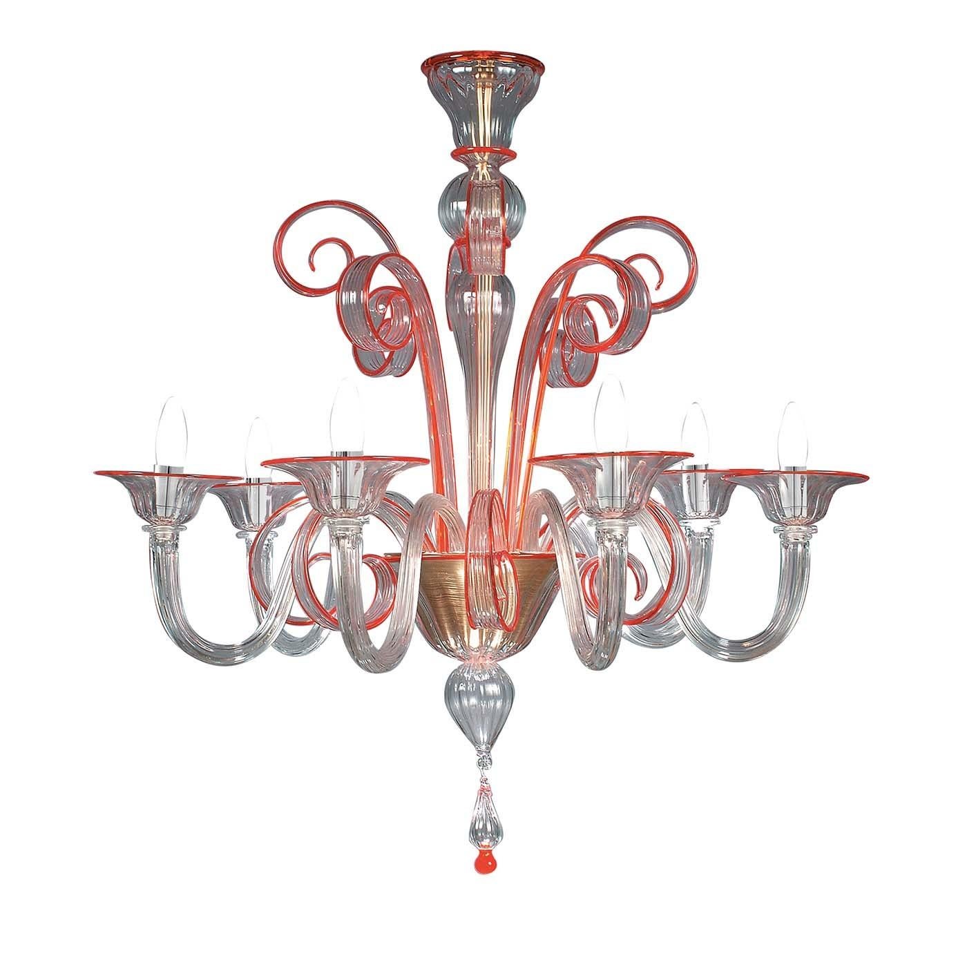 This elegant chandelier features a crystal central structure with amber details and pendants. Entirely hand-blown and made with Murano glass, this Venetian masterpiece enhances the appearance of any environment. This exquisite piece reinterprets the