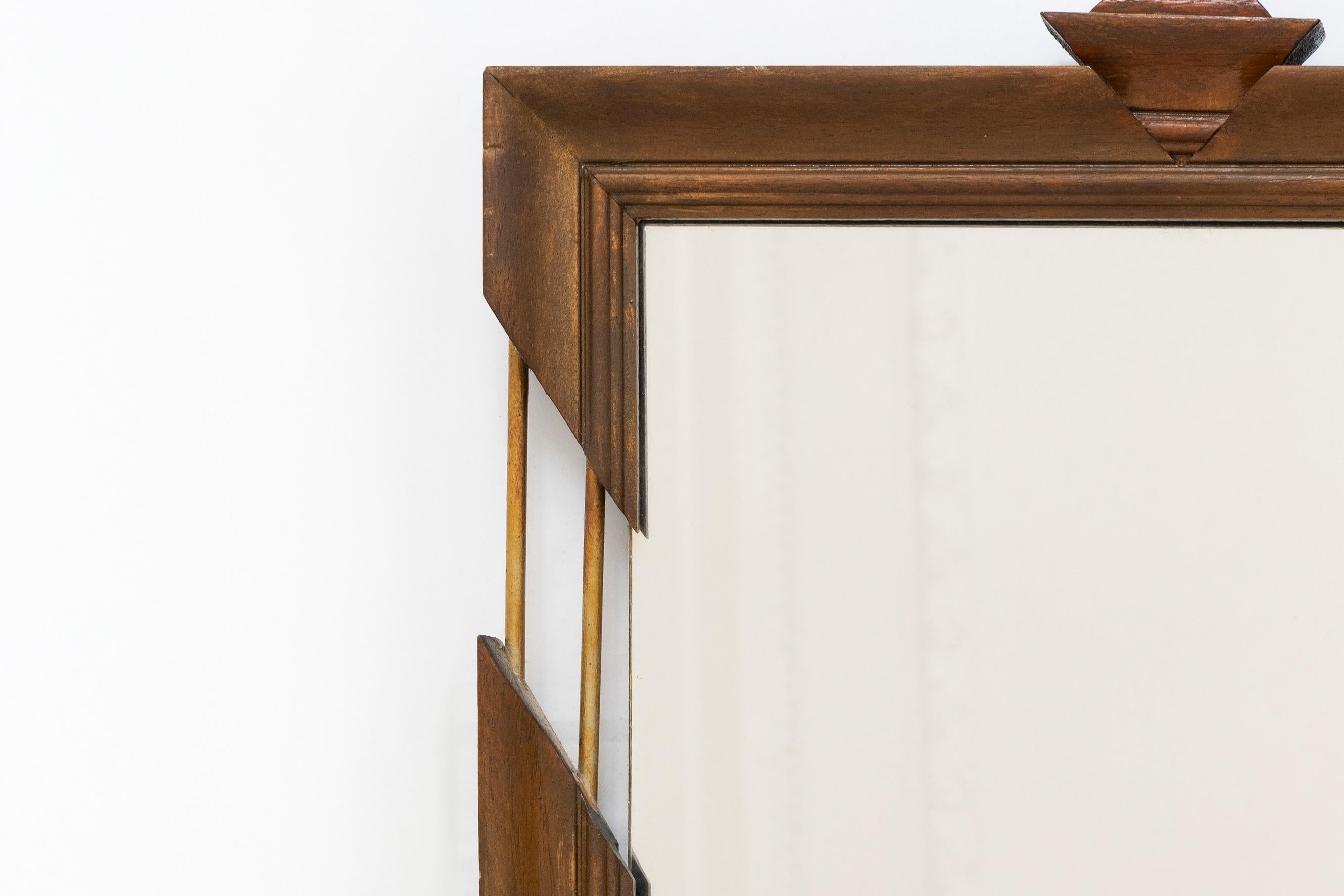 20th Century French Design Wall Mirror in Carved Brown Wood and Metal, 1990s In Good Condition For Sale In London, GB