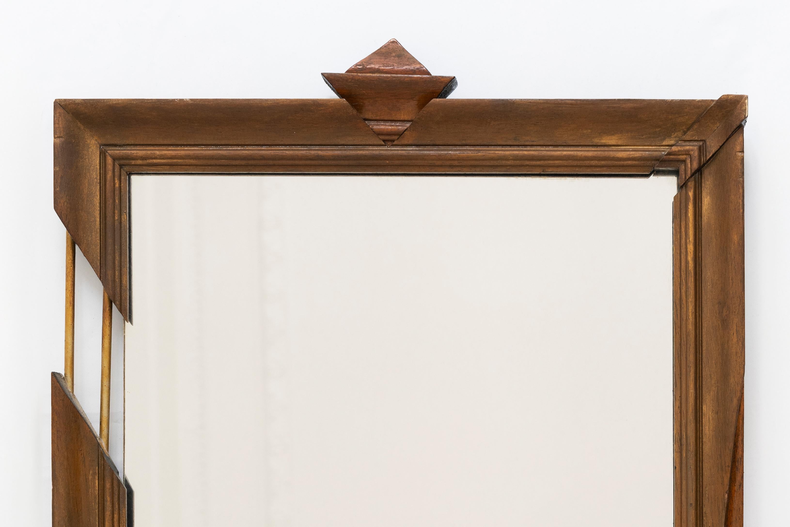 Late 20th Century 20th Century French Design Wall Mirror in Carved Brown Wood and Metal, 1990s For Sale