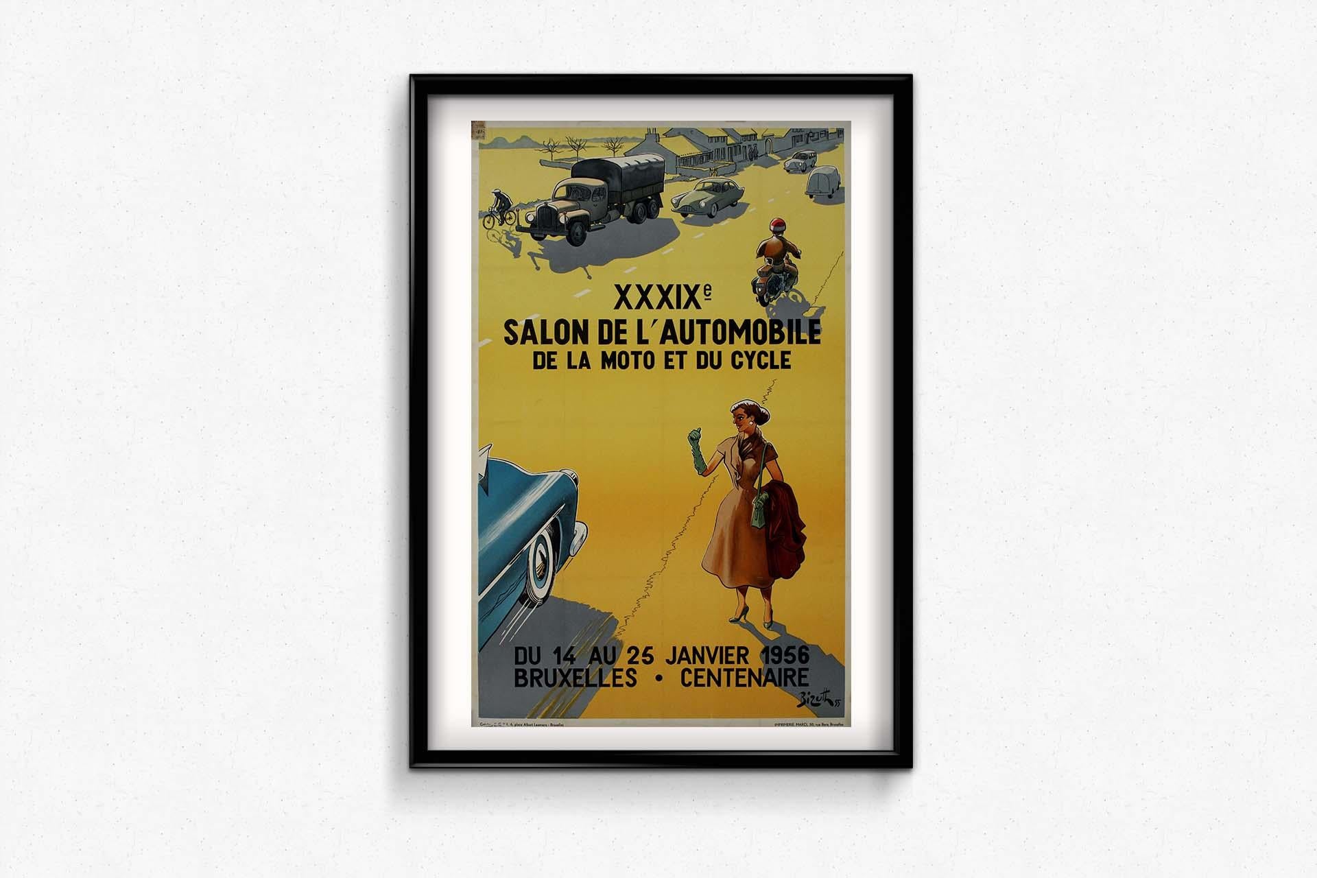 The XXXIXe Salon de l'Automobile, de la Moto et du Cycle held in Bruxelles in 1956 stood as a celebration of innovation, design, and the boundless possibilities of the open road. At the heart of this dynamic event was the captivating poster crafted