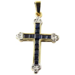 BJC 14 Karat Yellow Gold Cross with Blue Spinel and Diamonds Pendant