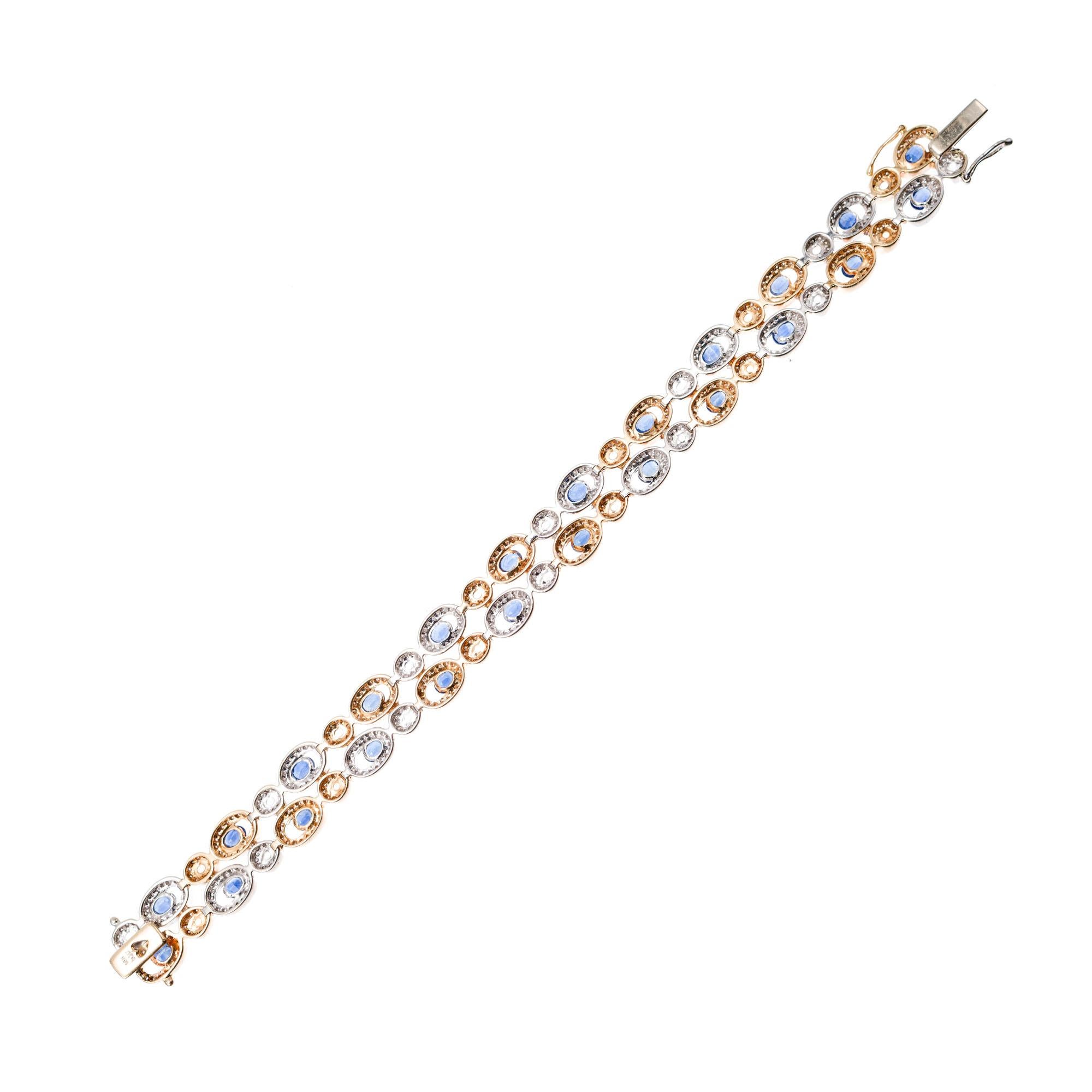 Women's BJC 9.15 Carat Oval Sapphire Diamond Halo Two-Tone Gold Link Bracelet For Sale