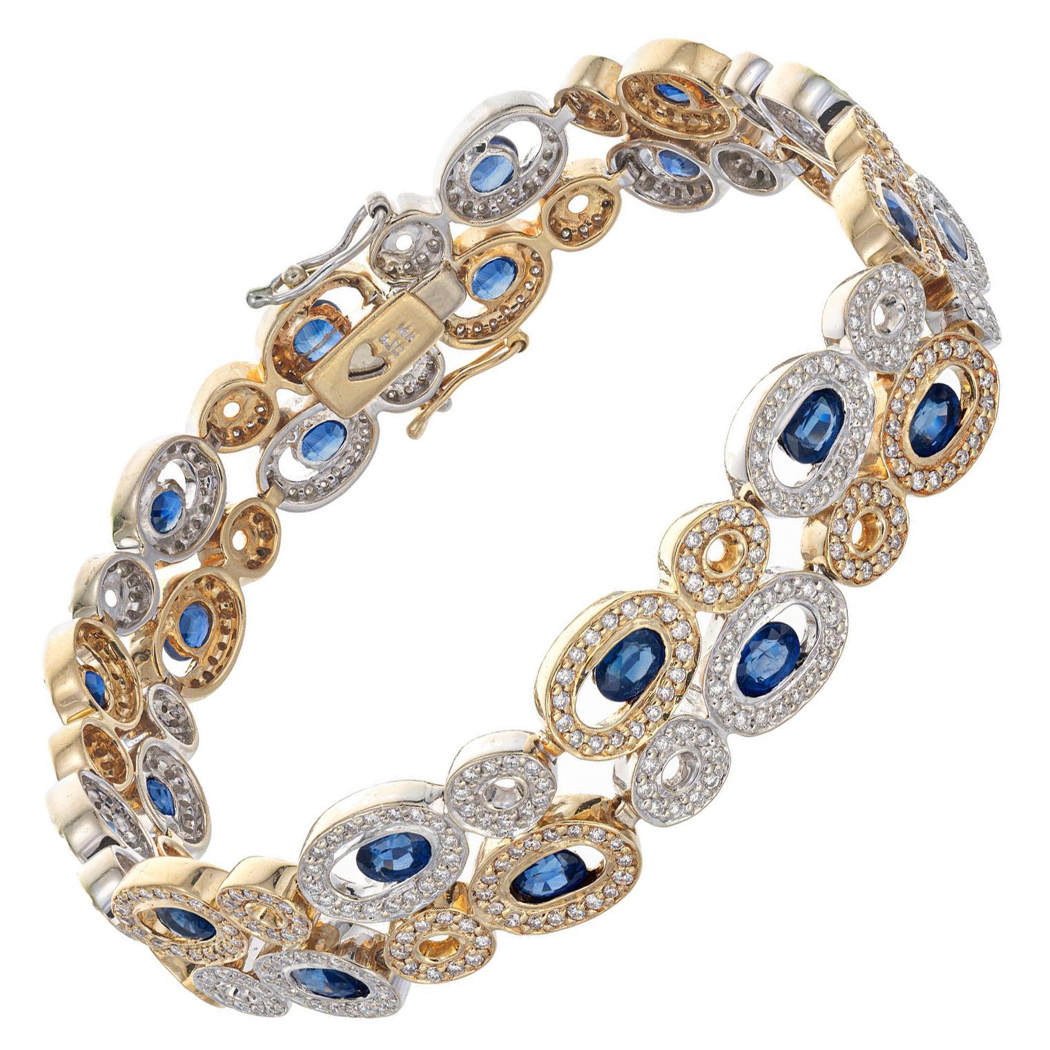 BJC 9.15 Carat Oval Sapphire Diamond Halo Two-Tone Gold Link Bracelet For Sale