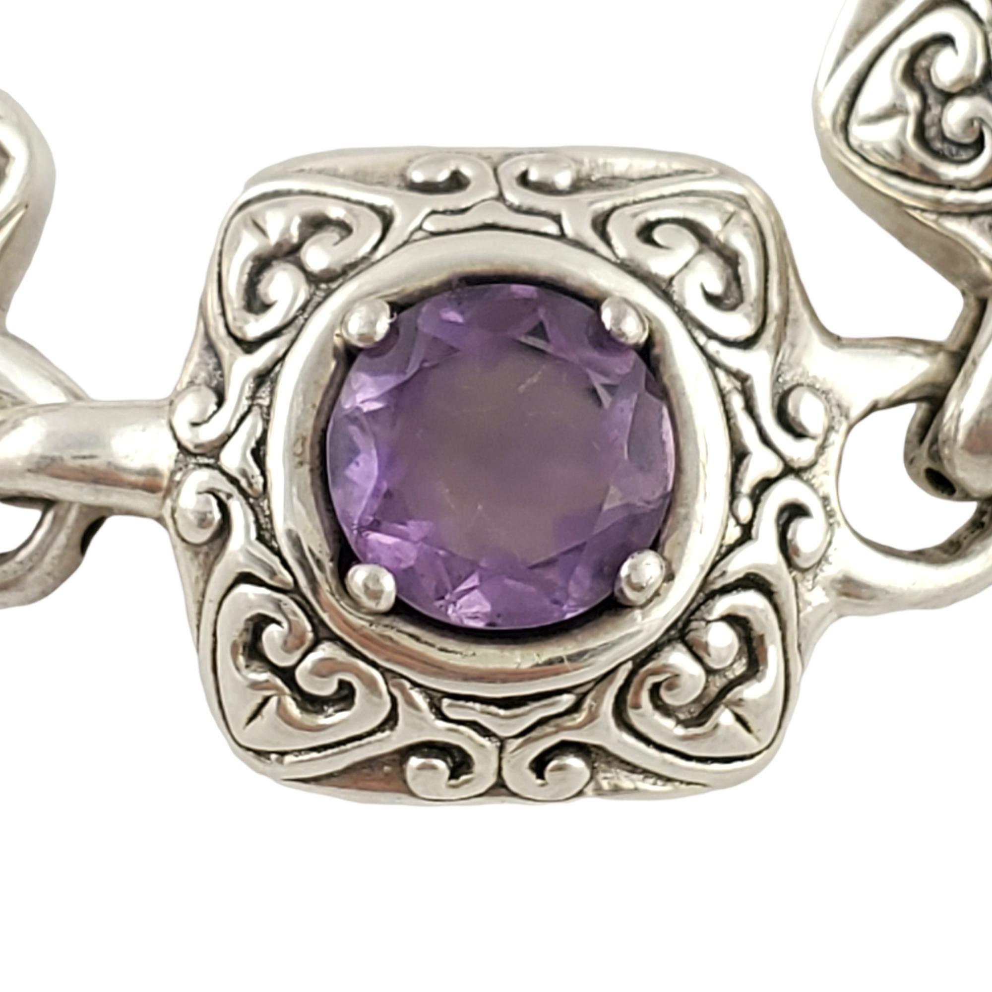 BJC Sterling Silver Amethyst Bracelet

This is a beautiful sterling silver purple amethyst bracelet by BJC.

Measurements:  Bracelet measures 6 1/2 inches long, 6 mm in thickness.  Stones measures approx.

8 mm L x 8 mm W.

Weight:  19.1 dwt / 29.7