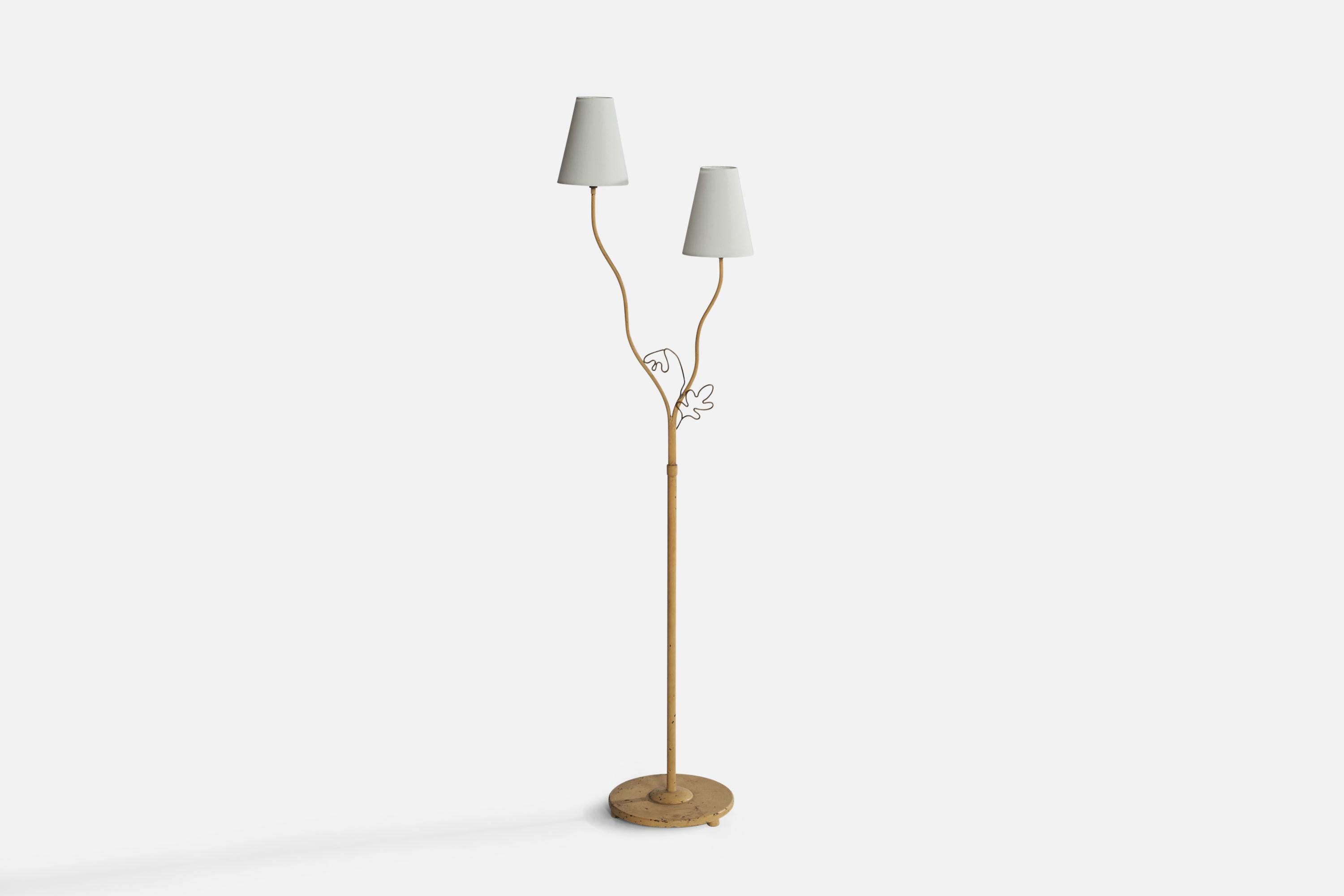An organic two-armed beige-lacquered metal and white fabric floor lamp designed and produced by Bjerkås Armatur, Sweden, 1940s.

Overall Dimensions (inches): 58” H x 15” W x 10.5” D. Stated dimensions include shade.
Bulb Specifications: E-26