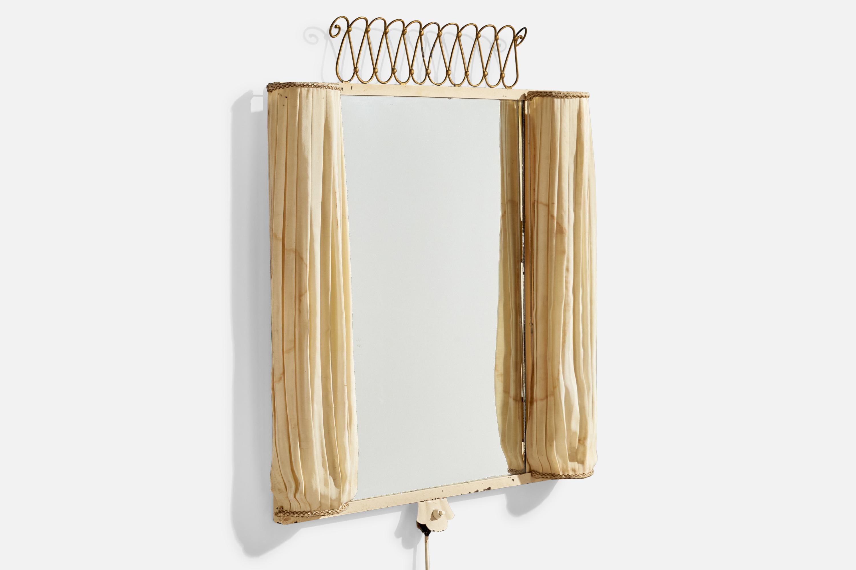 Svedese Bjerkås Armatur, Specchio da parete illuminato, metallo, tessuto, Svezia, anni '40 in vendita