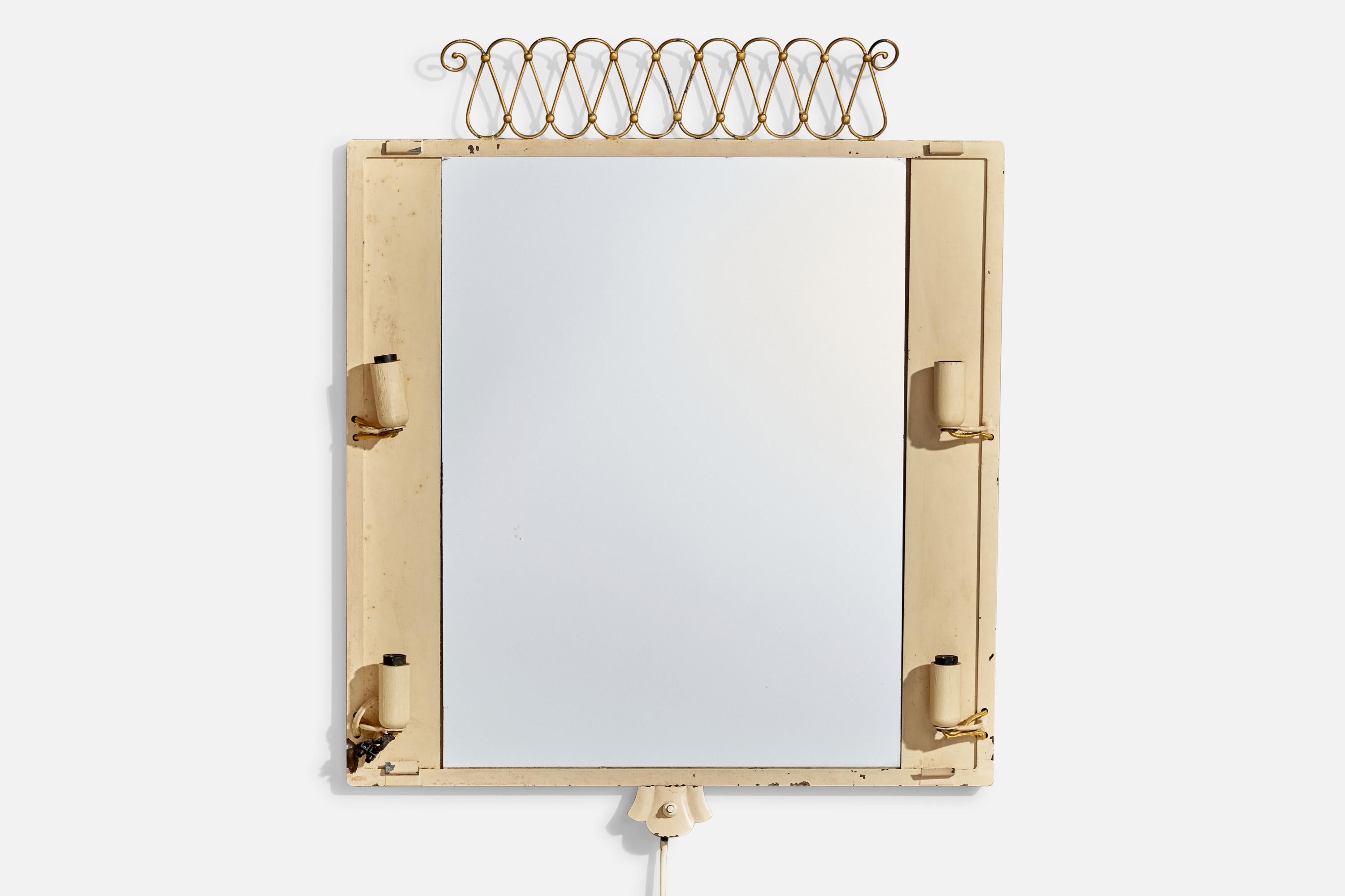 Bjerkås Armatur, Specchio da parete illuminato, metallo, tessuto, Svezia, anni '40 In condizioni discrete in vendita a High Point, NC