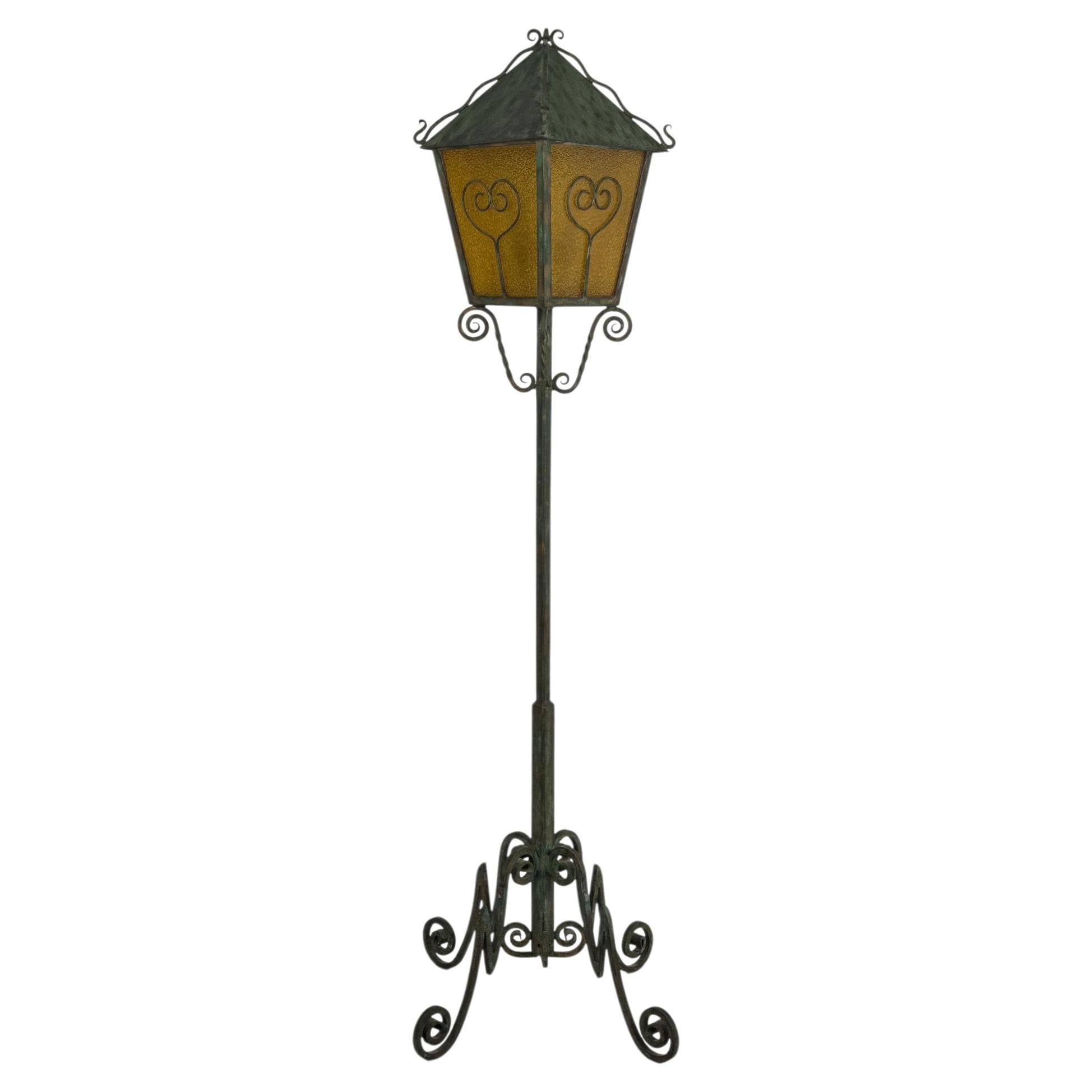 Bjerkås – Hand-Forged Wrought Iron Floor Lantern with Amber Textured Glass