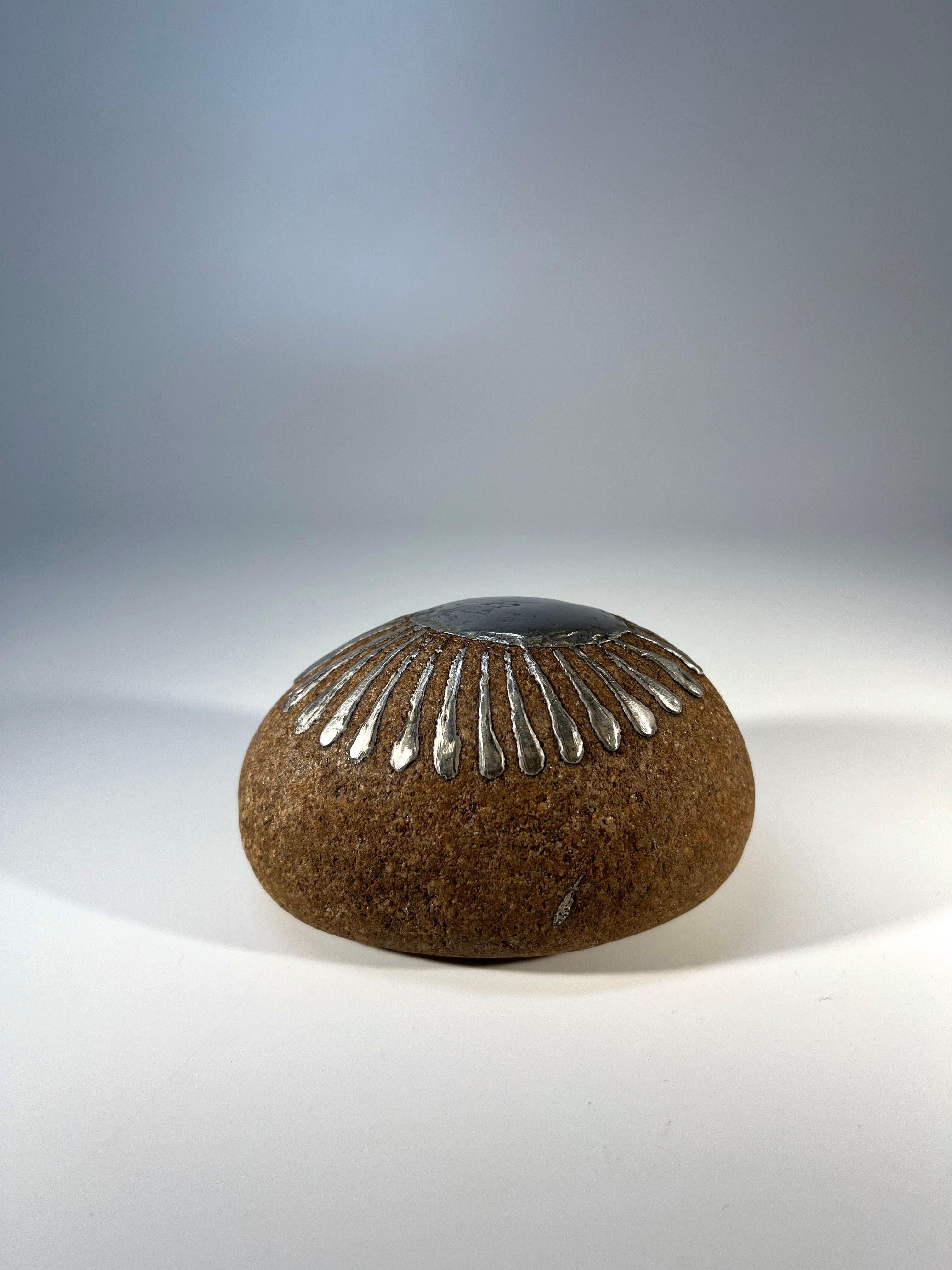 Swedish Bjorge Skohg For Gustavsberg, Stone And Applied Silver Art Rock For Sale