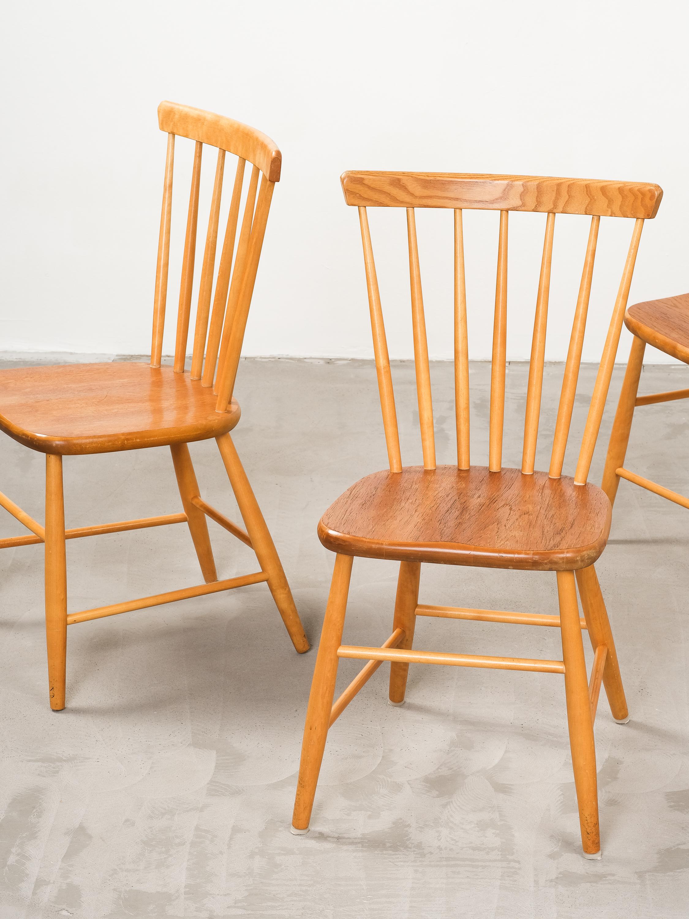 Scandinavian Modern 'Björka' Teak & Birch Spindle Dining Chairs by Yngve Ekström, Stolab, Set of 4