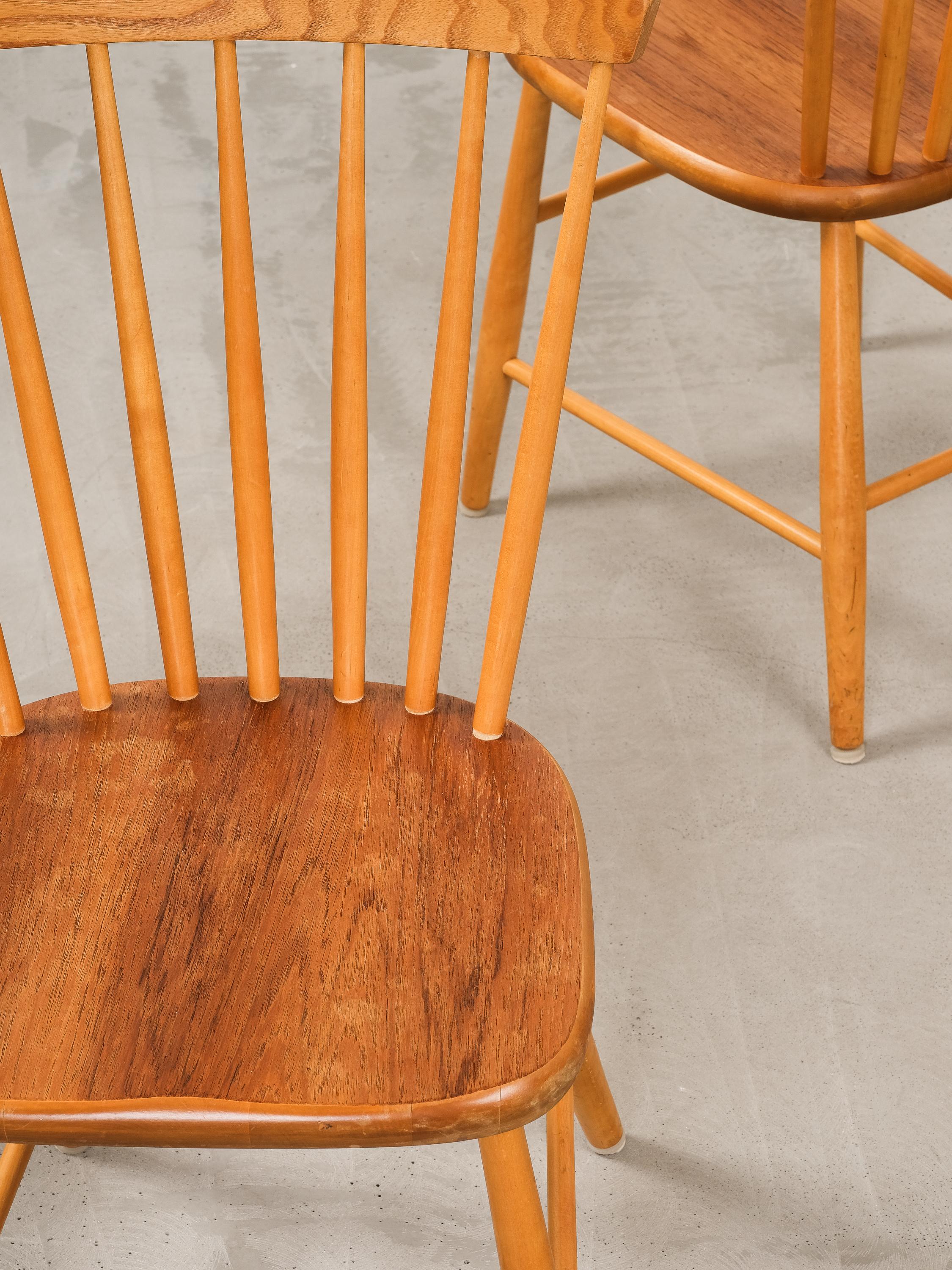 Veneer 'Björka' Teak & Birch Spindle Dining Chairs by Yngve Ekström, Stolab, Set of 4
