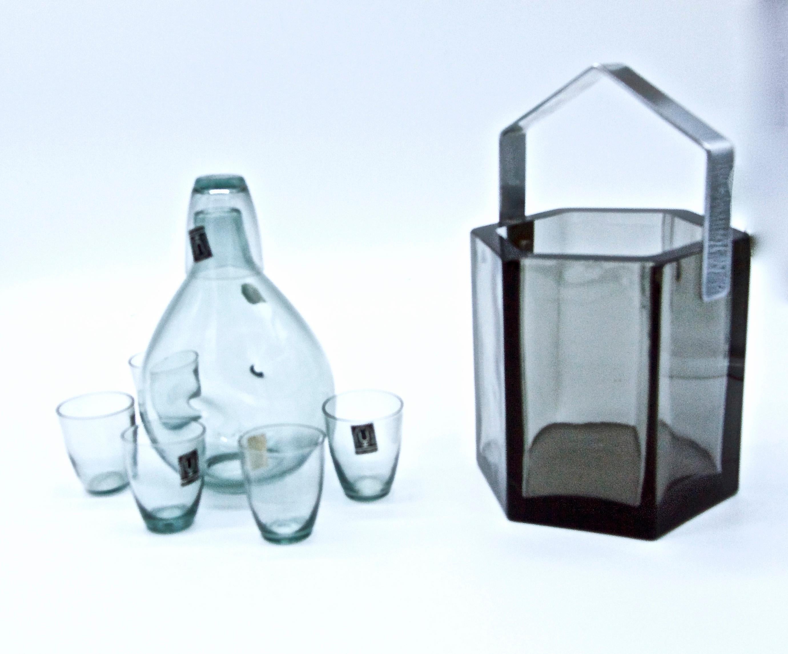 Scandinavian Modern Bjorkshult Wuidart Smoke Grey Glass Decanter and Shot Glasses Mid-Century Modern For Sale