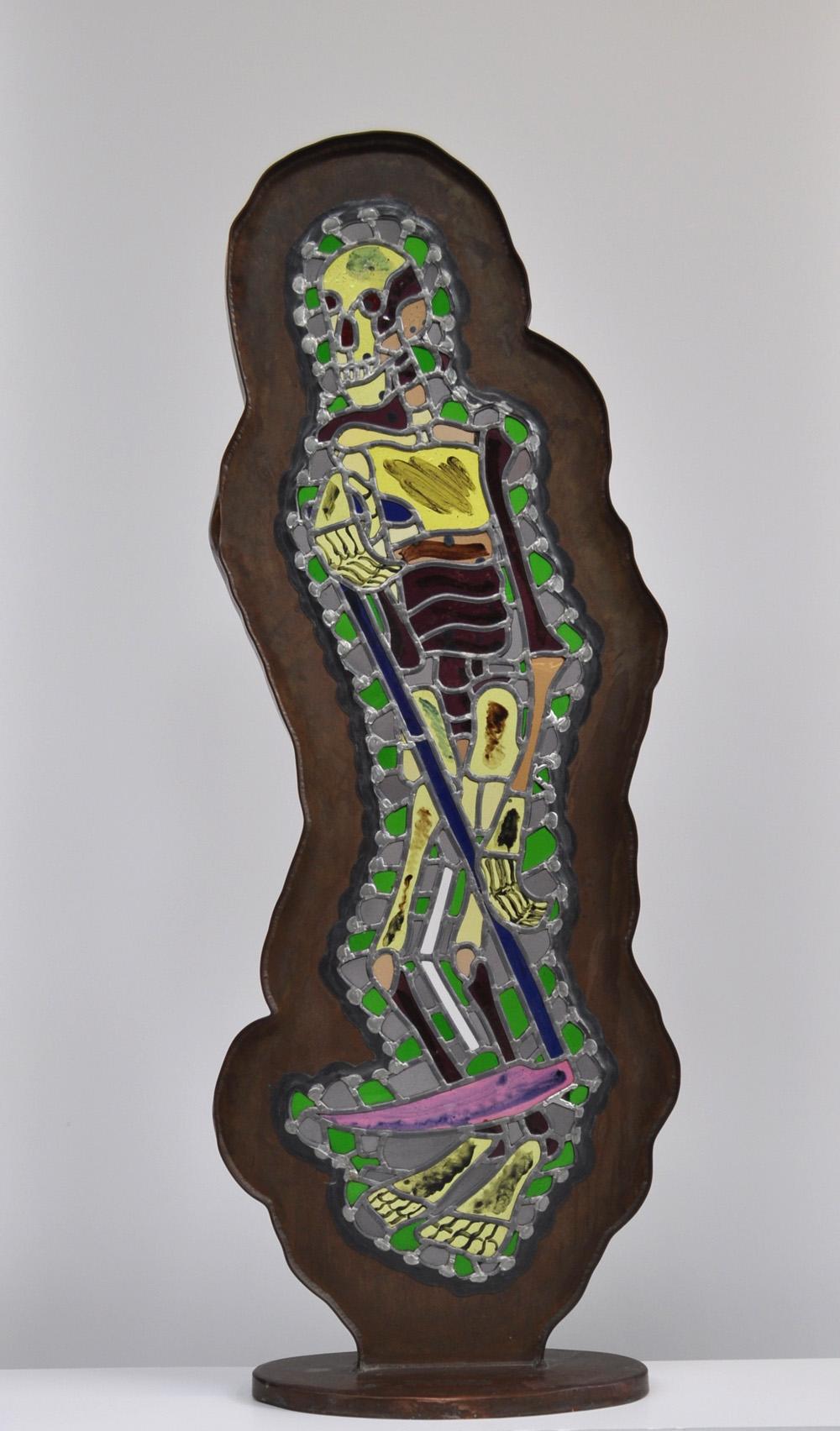 Bjørn Nørgaard, freestanding glass mosaic with copper frame, 1989
"Manden med leeen/Høstmanden"
"The Man with the Scythe/The Reaper"
137 cm H x 50 cm W x 26 cm D

Preliminary work for the decoration: "Pavillon", Tuborg - Fredericia Brewery,