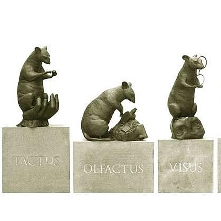 Sculpture with 5 mice representing the 5 senses, with Latin terms on bases