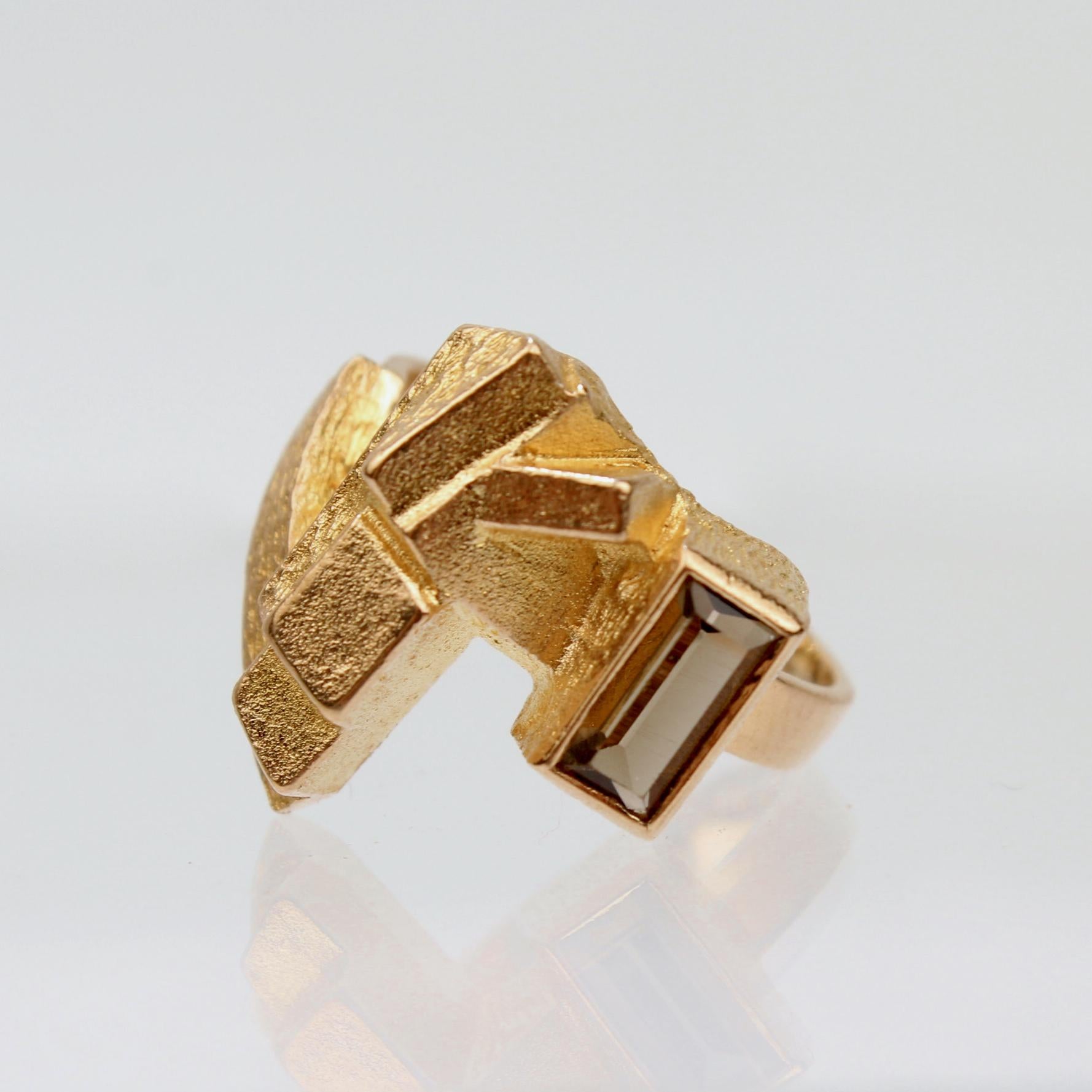 Björn Weckström 14 Karat Gold and Smoky Quartz Scandinavian Modernist Ring 2