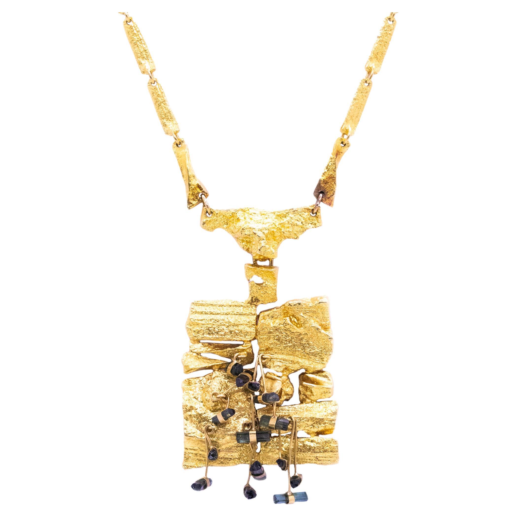 Bjorn Weckstrom 1967 Finland Rare Kukkiva Muuri Necklace 18Kt Gold & Tourmalines For Sale