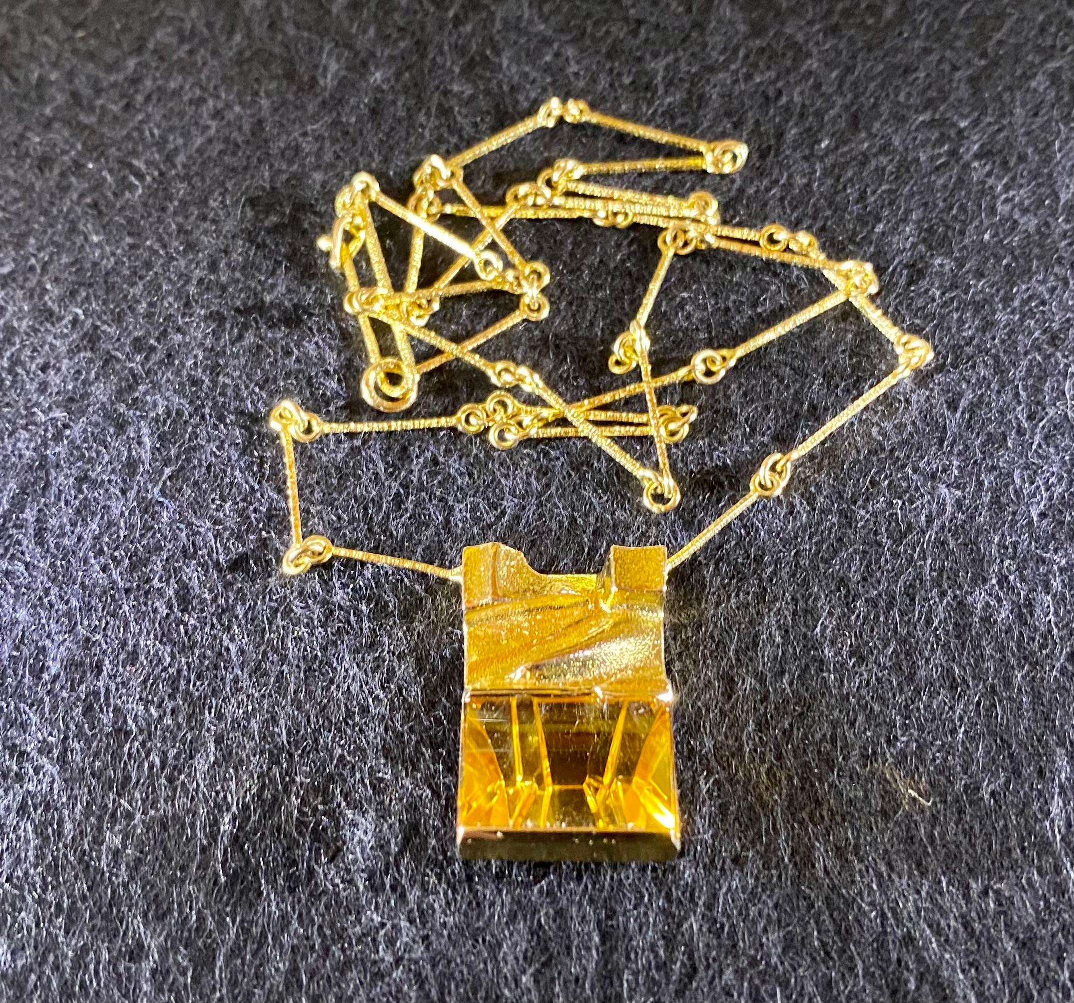 Modernist Björn Weckström & Bernd Munsteiner Lapponia, 14 Karat Gold Citrine Necklace Rare For Sale