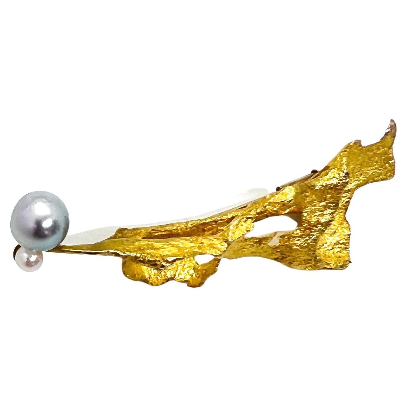 Björn Weckström, Brooch with Pearls 14K Gold Lapponia Finland Very Rare, 1968 For Sale