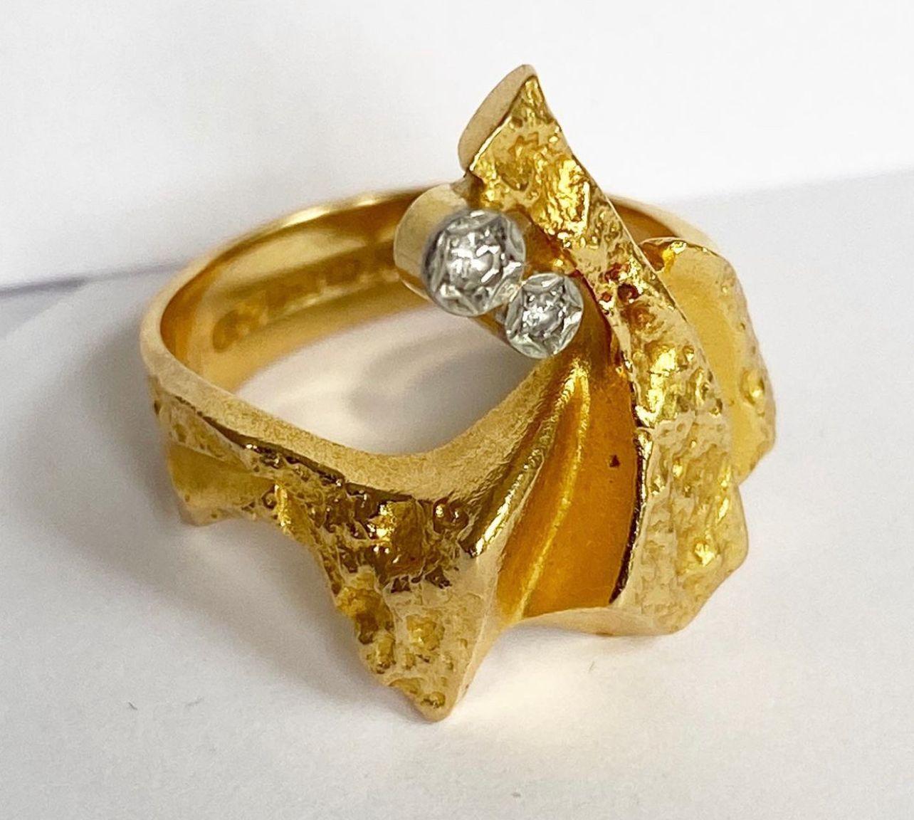 Rare 14 Karat Heavy Yellow Gold & 2 Brilliant Diamond Textured Ring  designed by Bjorn Weckstrom for Lapponia Finland c.1974 Design 