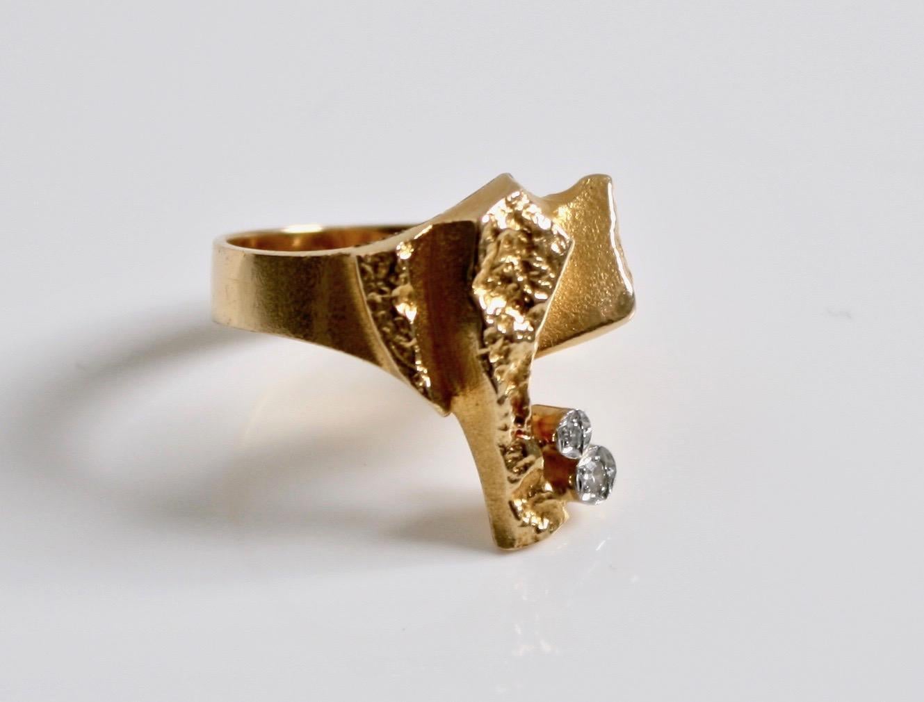 Modernist Bjorn Weckstrom Design, 14k Yellow Gold & Diamond Ring by Lapponia Finland