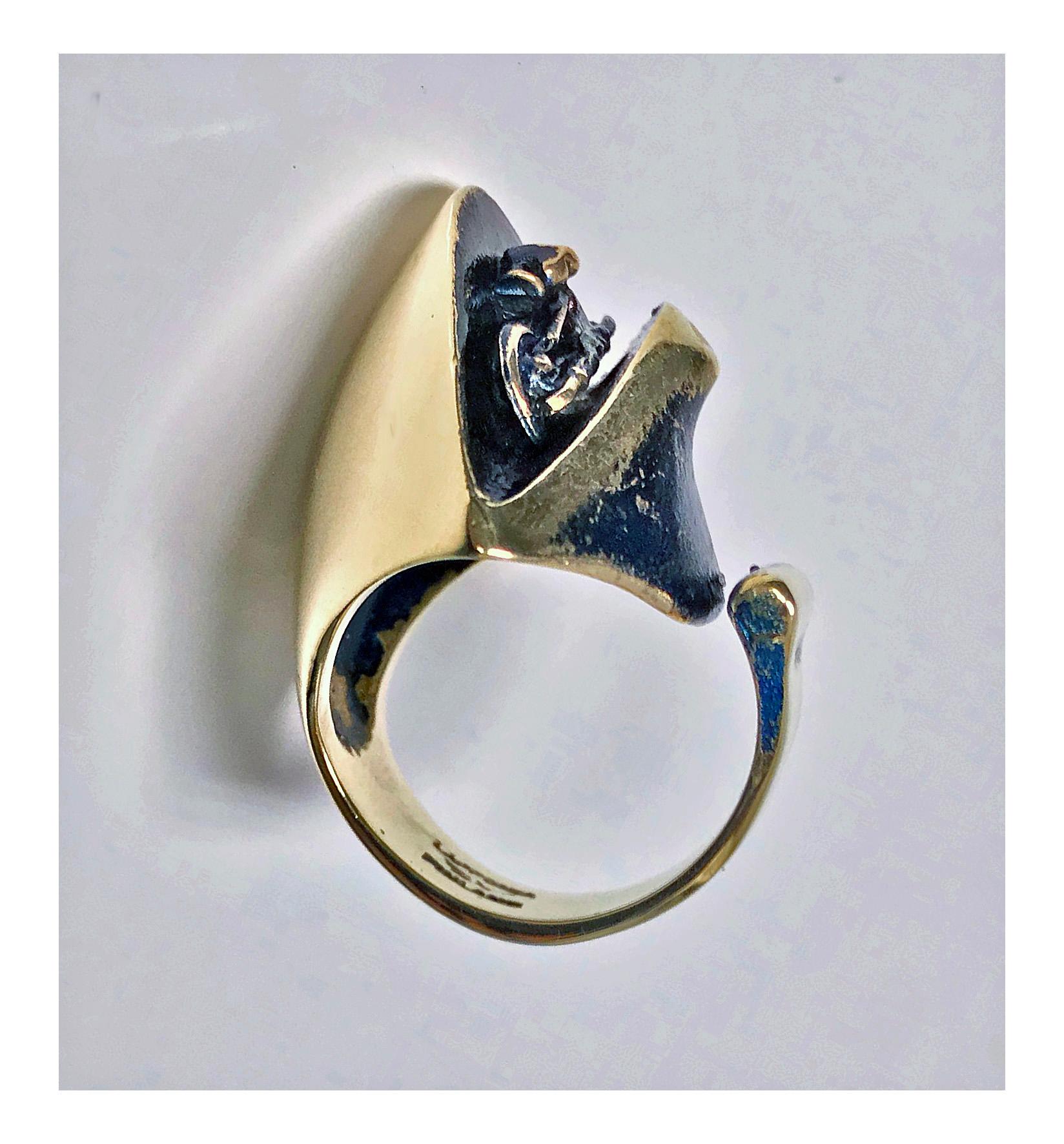Rare Björn Weckström for Lapponia abstract polished bronze ring with oxidised tones of mauve enamel and sculptural design. The open ended design allows for a ring size of approximately 7.5-9.5 (or more if opened up further). Max height from top of