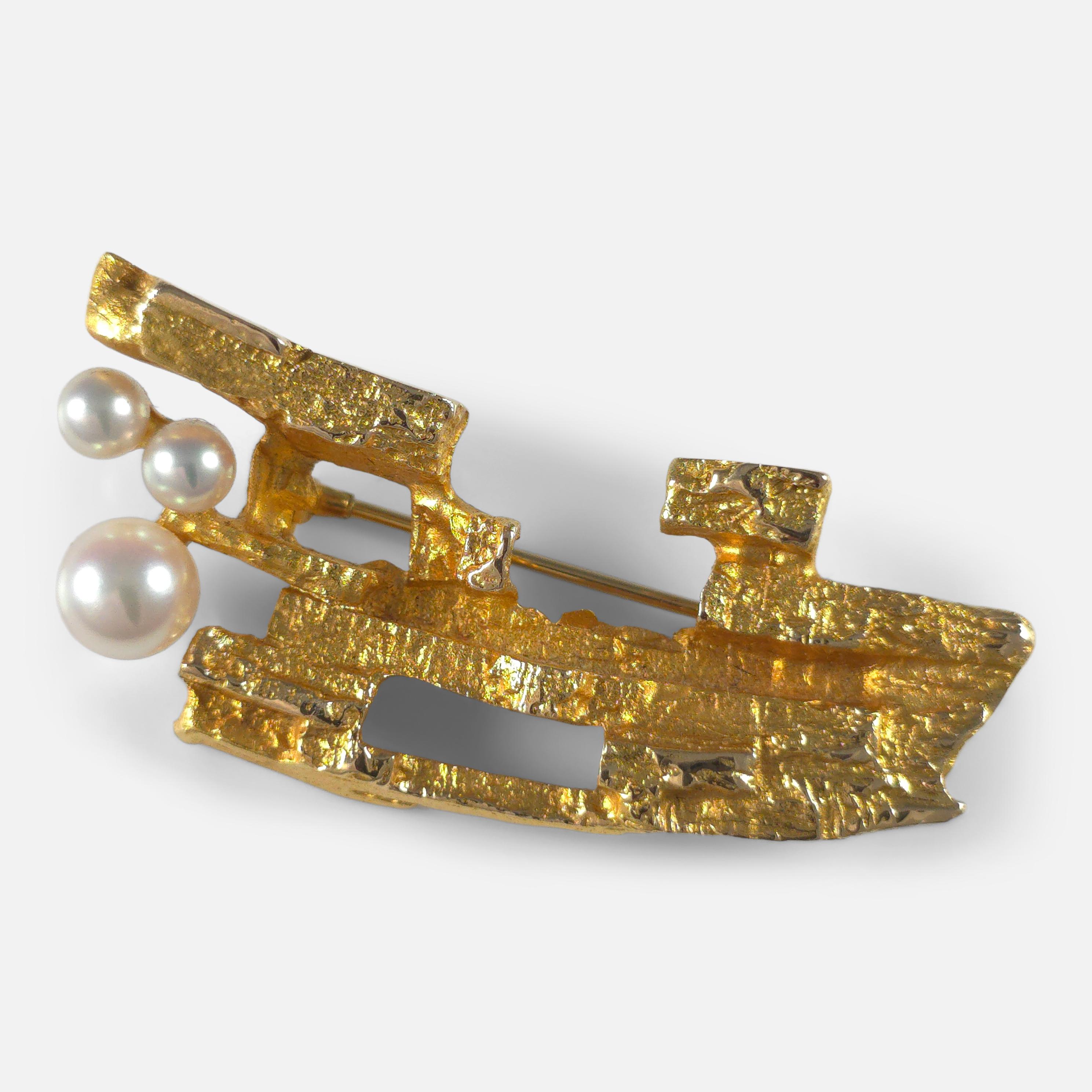 Björn Weckström Lapponia 'Bow of Argo' Brooch - 14ct Gold with Pearls For Sale 6