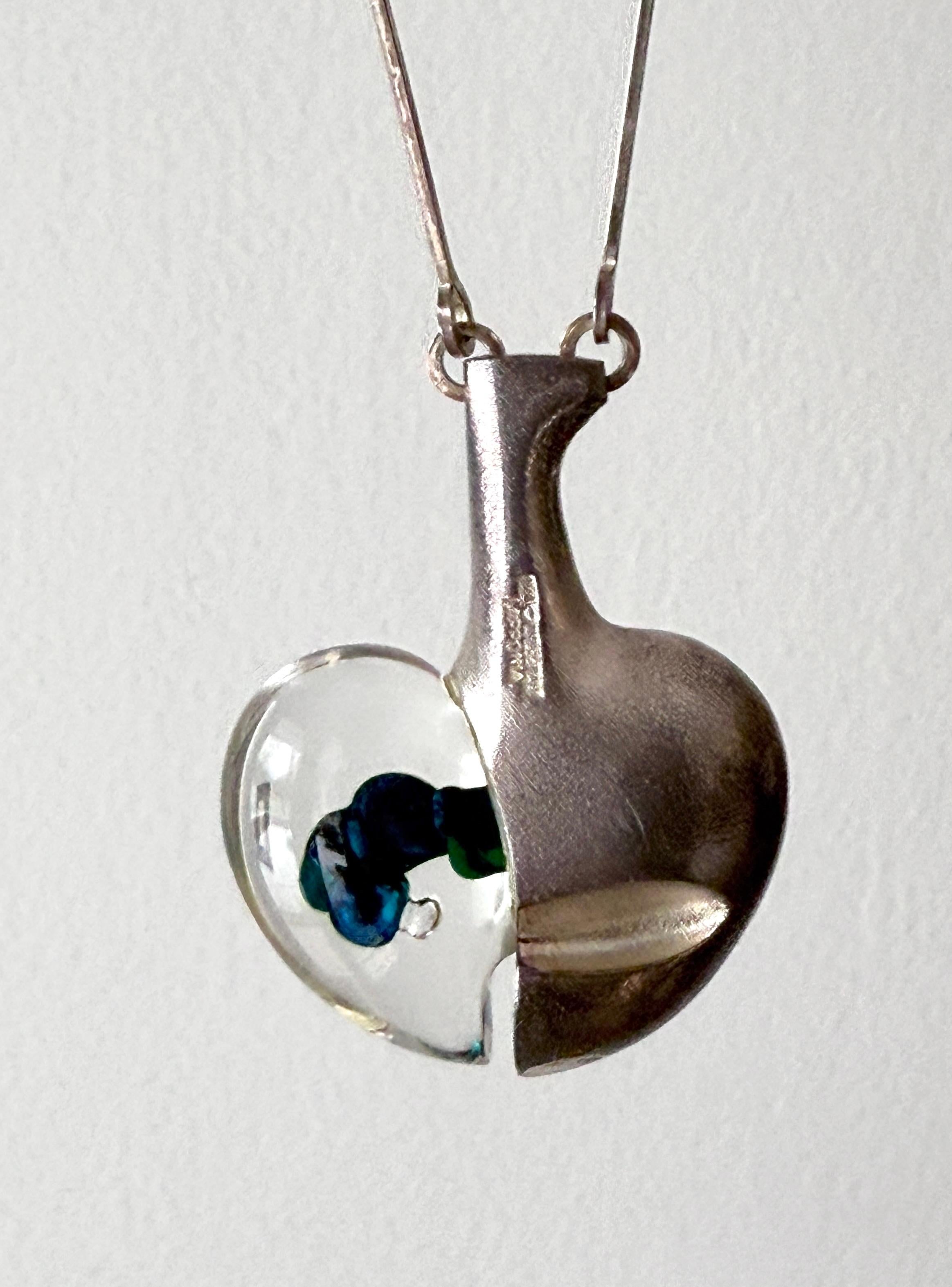 Late 20th Century Bjorn Weckstrom Silver & Acrylic Pendant Necklace Space Apple Lapponia Finland For Sale