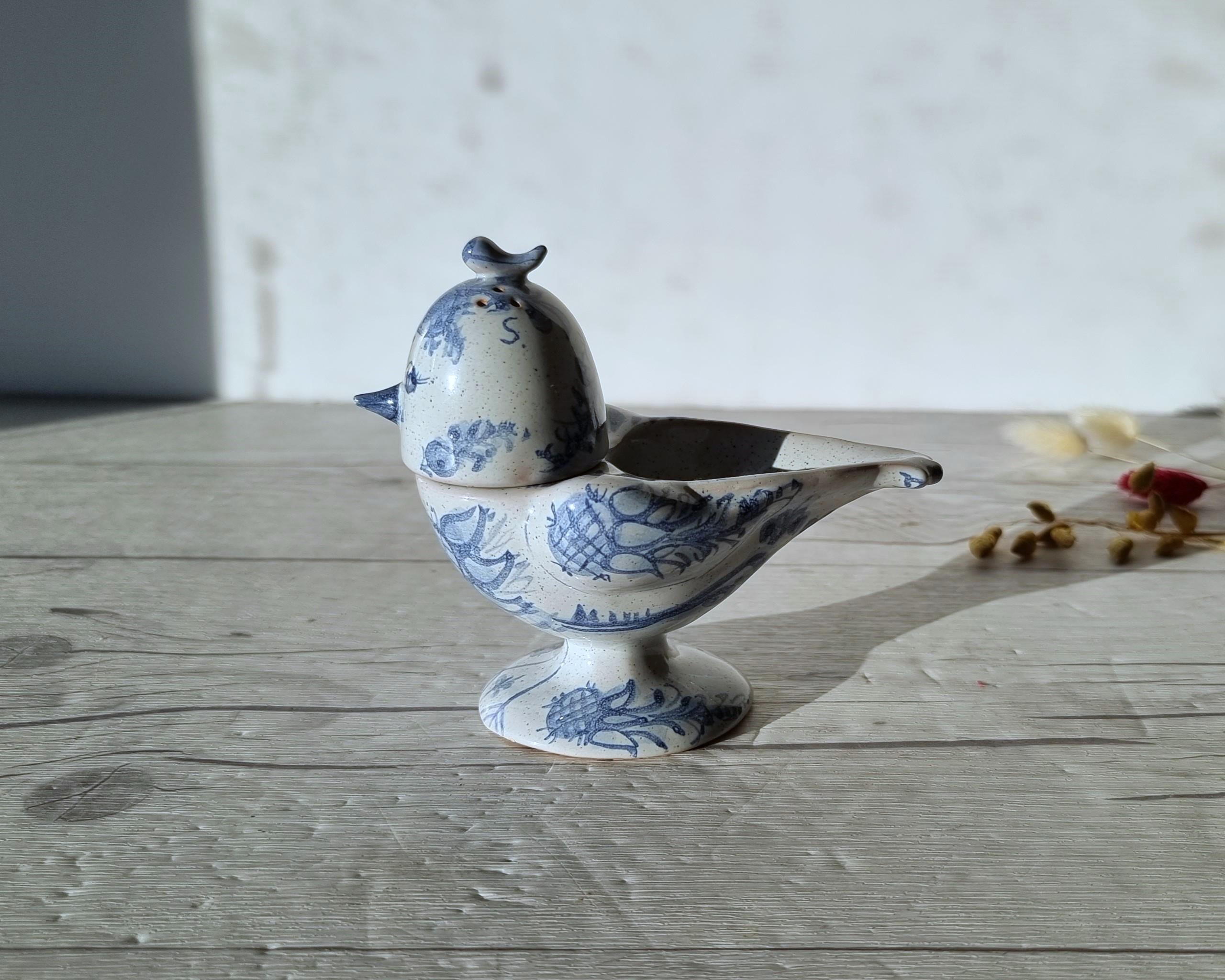 Danish Bjorn Wiinblad, 1956 Blue and White Songbird Condiment Cruet, Signed, V. Early For Sale