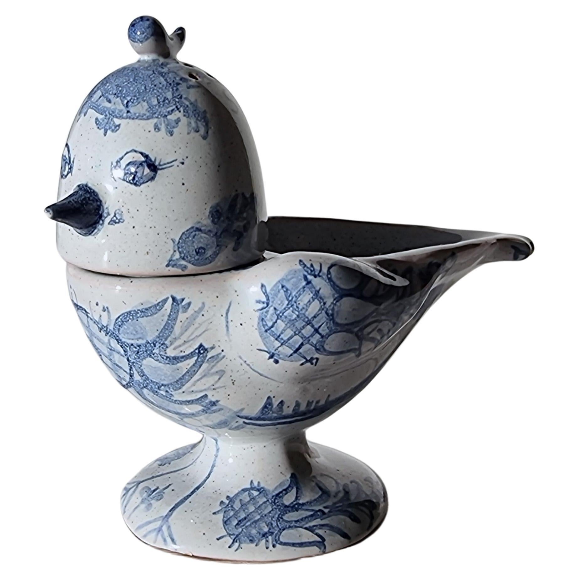 Bjorn Wiinblad, 1956 Blue and White Songbird Condiment Cruet, Signed, V. Early For Sale
