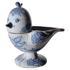 Antique Bjorn Wiinblad, 1956 Blue and White Songbird Condiment Cruet, Signed, V. Early