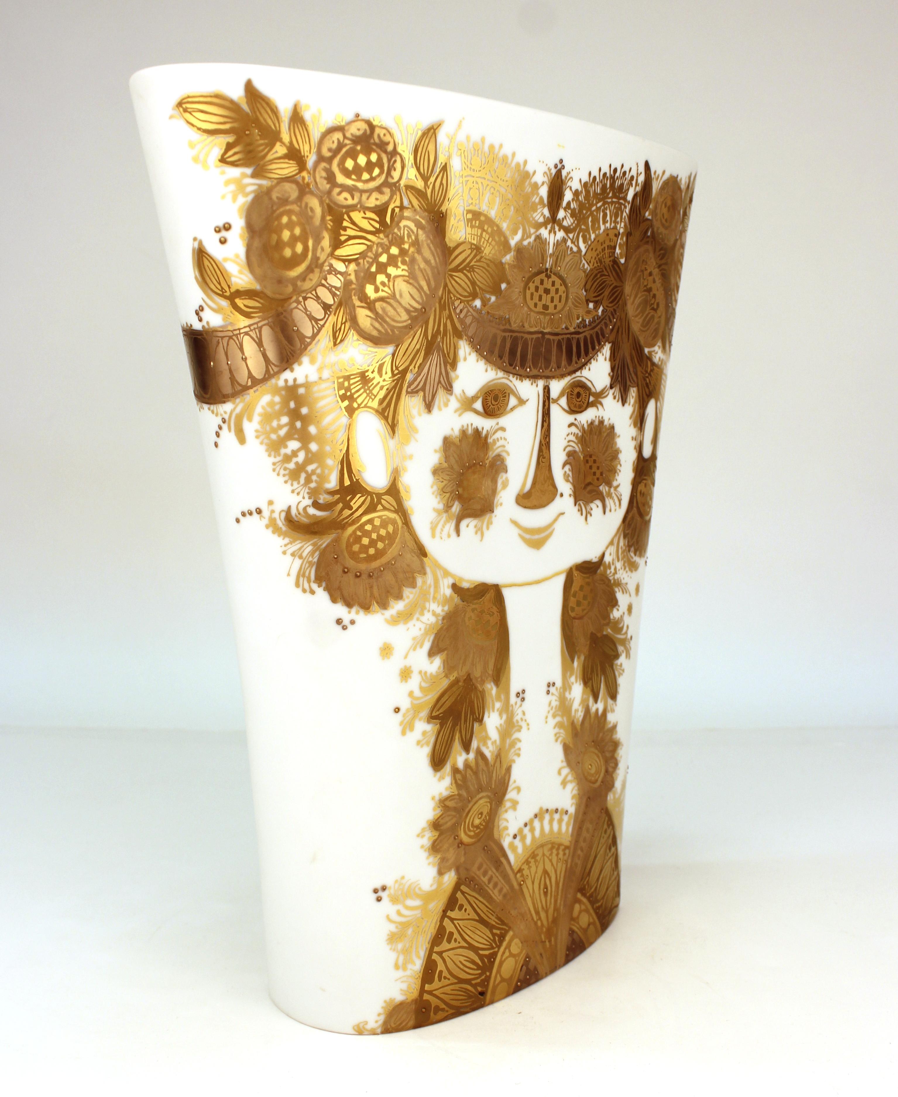 Bjorn Wiinblad for Rosenthal Studio Line Danish modern large ceramic vase in flattened form with gilded motif of a young girl. Makers mark underneath. In great vintage condition.