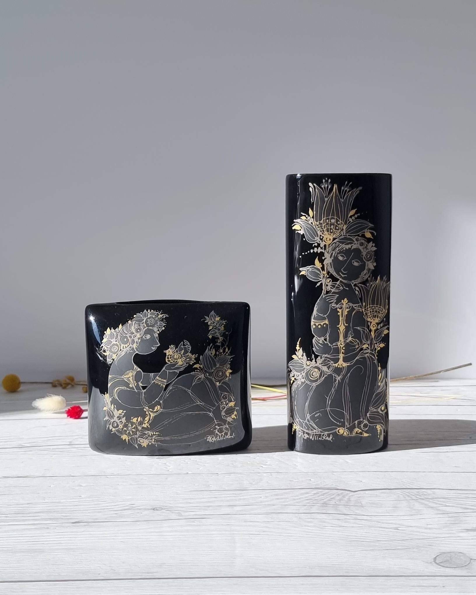 This exquisitely illustrated pair of porcelain noire art is by celebrated Danish illustrator and glass, silver, textiles, ceramics designer Bjorn Wiinblad (b. 1918 - d. 2006) who designed them for Rosenthal in the 1960s.

Both pieces are from The
