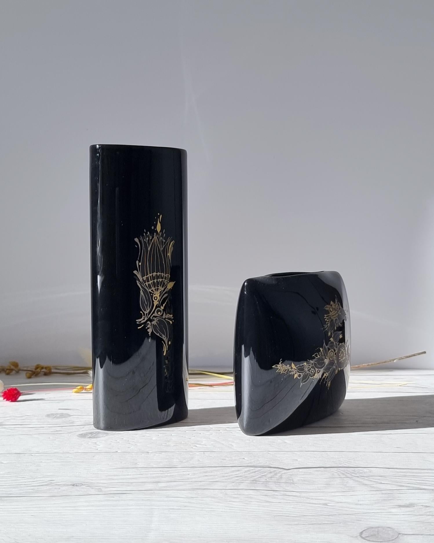 German Bjorn Wiinblad, Pair of Samuramat Series, Porcelain Noire Gold Gilding Vases