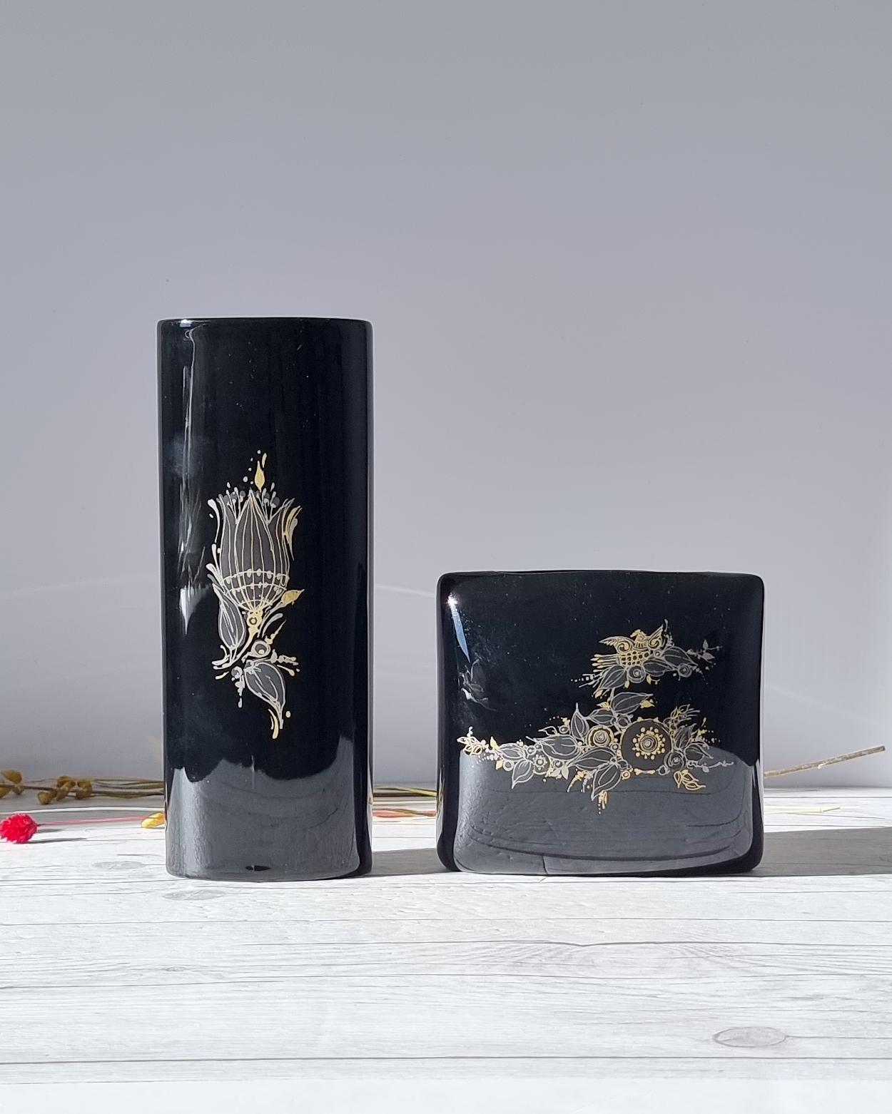 Gilt Bjorn Wiinblad, Pair of Samuramat Series, Porcelain Noire Gold Gilding Vases