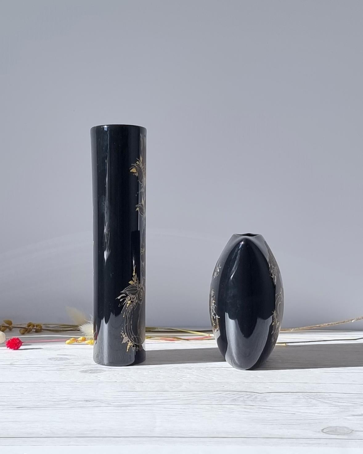Bjorn Wiinblad, Pair of Samuramat Series, Porcelain Noire Gold Gilding Vases In Good Condition In Frome, GB