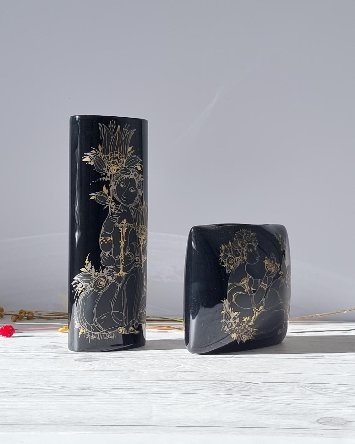 Late 20th Century Bjorn Wiinblad, Pair of Samuramat Series, Porcelain Noire Gold Gilding Vases