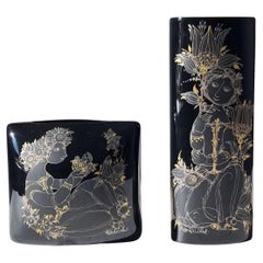 Bjorn Wiinblad, Pair of Samuramat Series, Porcelain Noire Gold Gilding Vases