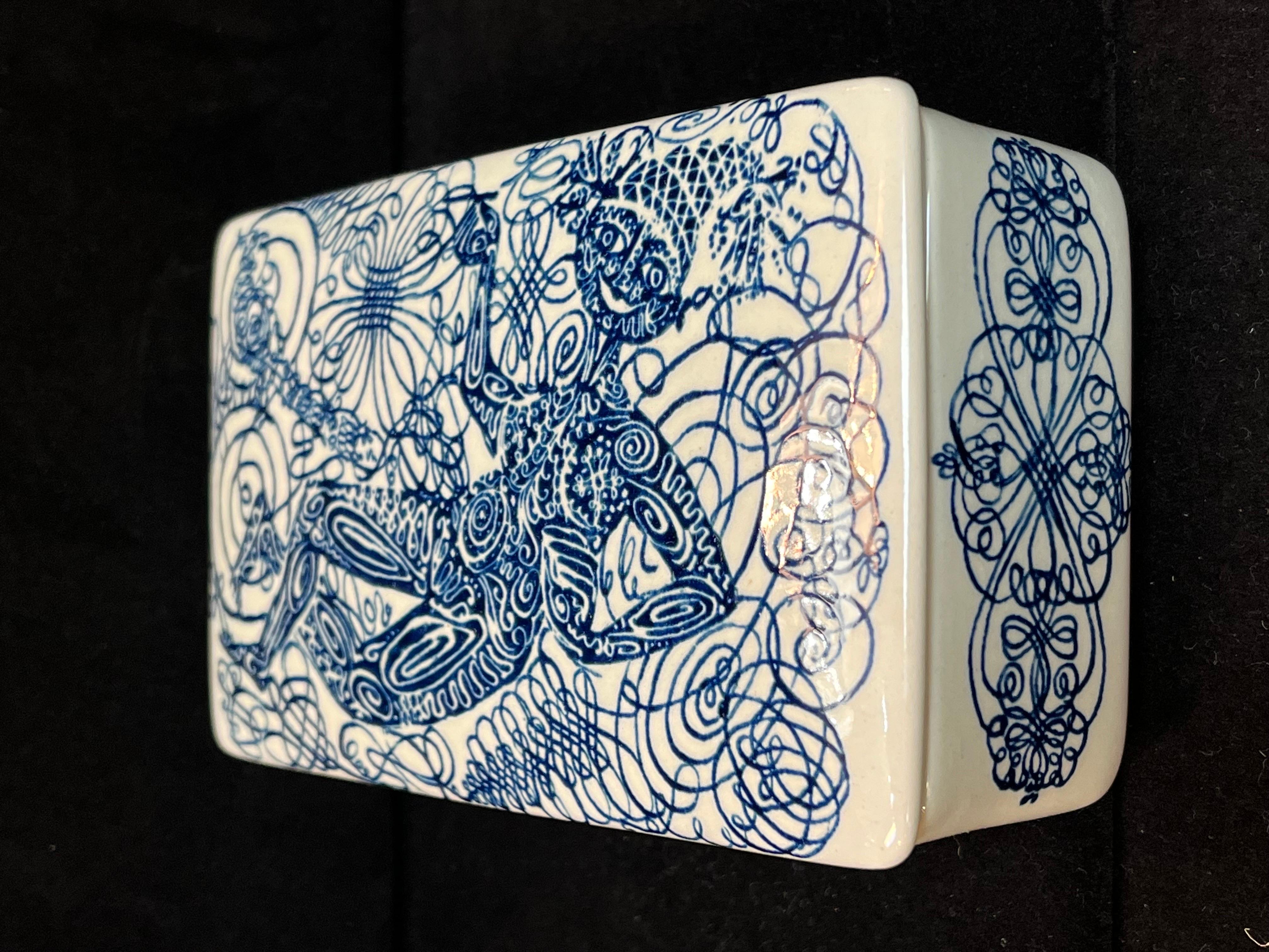 Mid-Century Modern Bjorn Wiinblad Pen and Ink Transfer Ceramic Lidded Box Nymolle Denmark