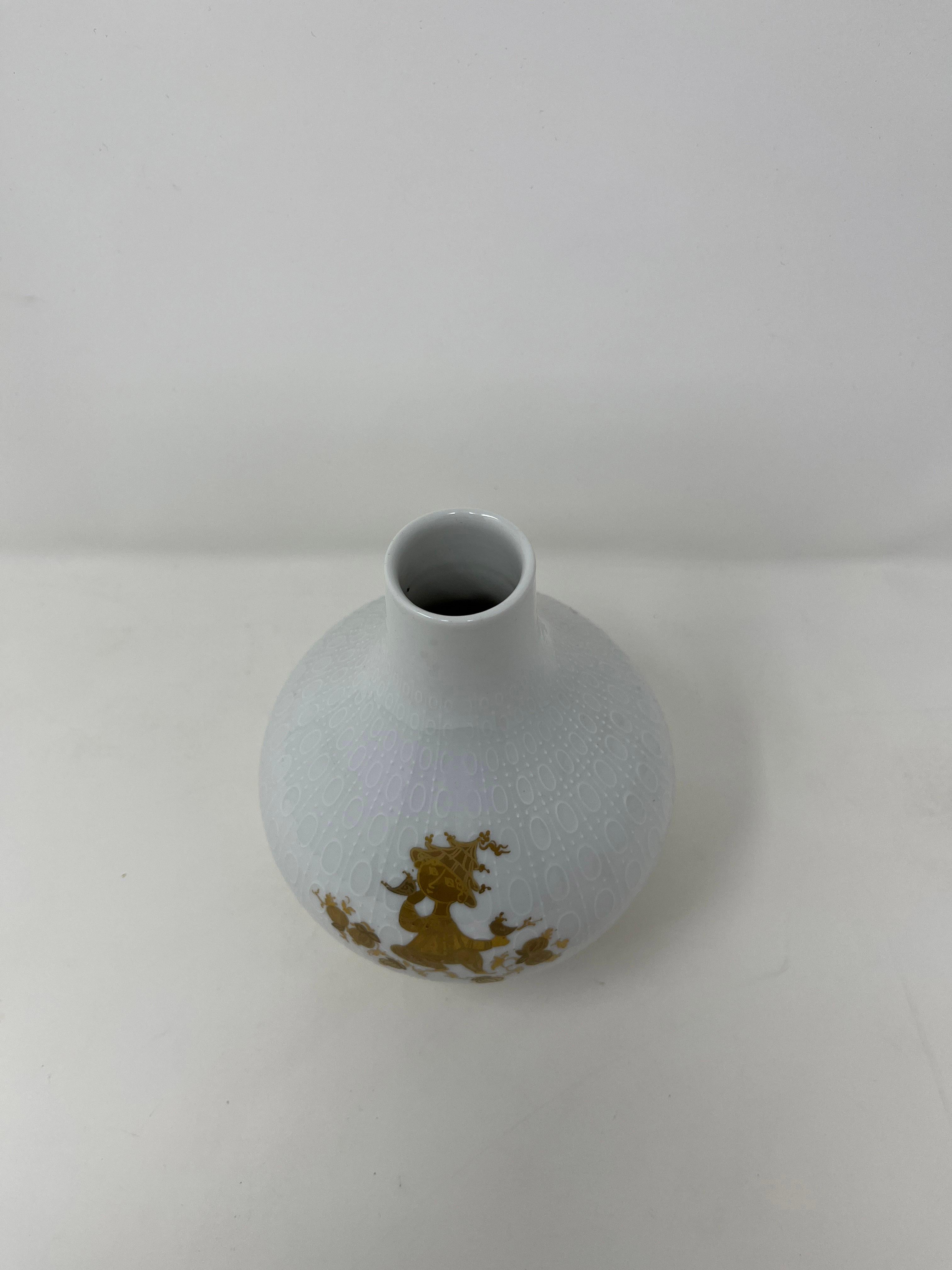 Mid-Century Modern Bjorn Wiinblad Relief White Porcelain Vase for Rosenthal With Gilt Characters For Sale