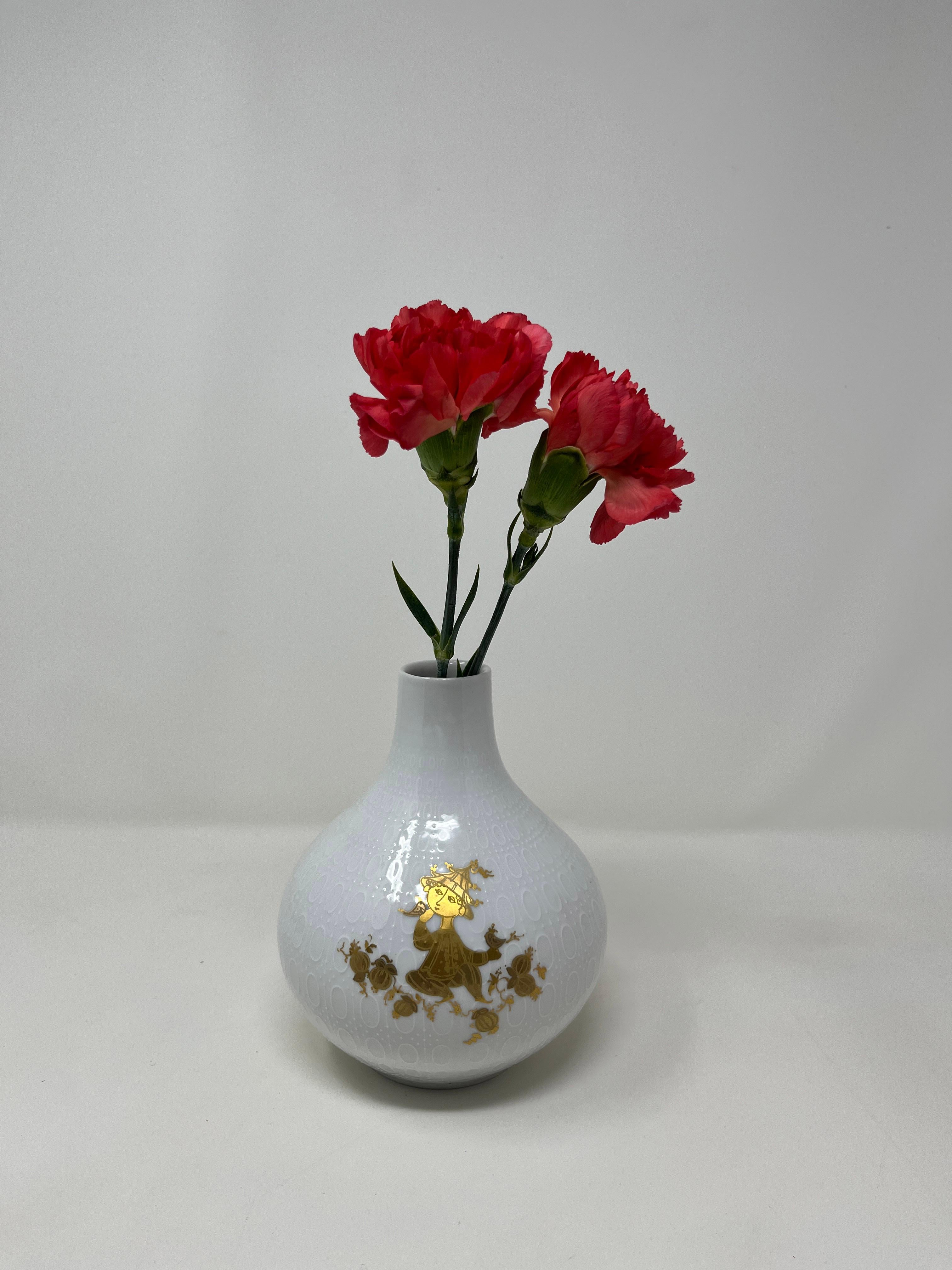 Mid-20th Century Bjorn Wiinblad Relief White Porcelain Vase for Rosenthal With Gilt Characters For Sale