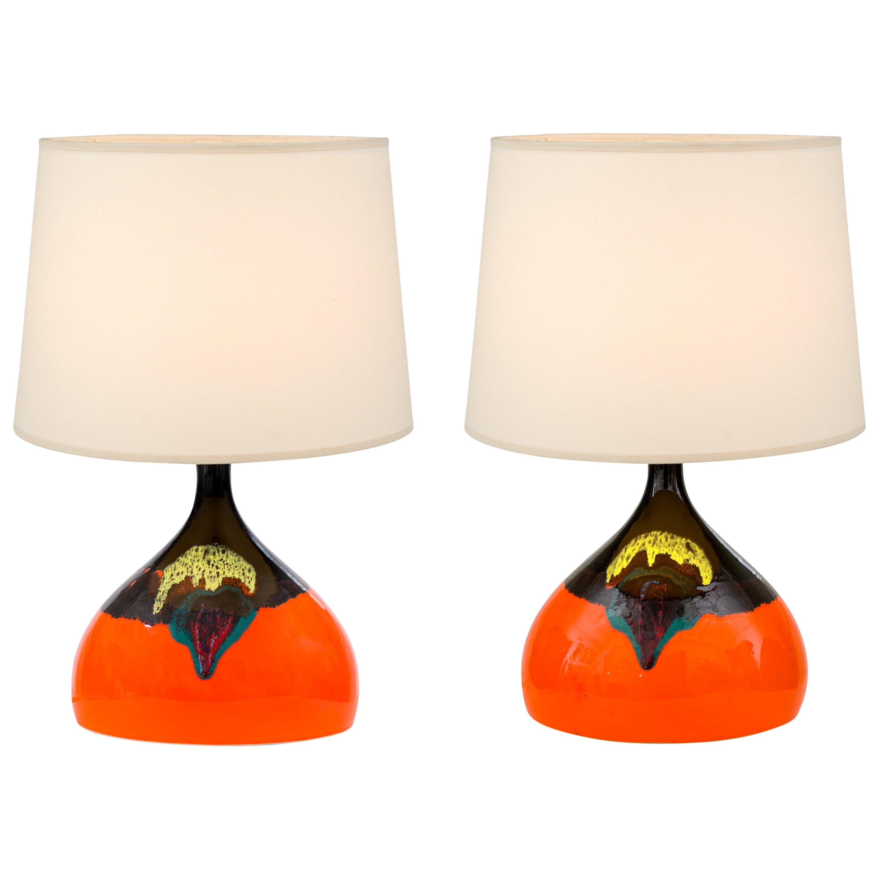 Bjorn Wiinblad Signed Orange Ceramic Table Lamps for Rosenthal, Denmark 1960s