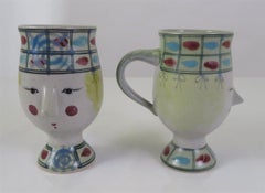 Bjorn Wiinblad Style Ceramic Heads as Cappuccino Coffee Mugs Fitz & Floyd 1980s