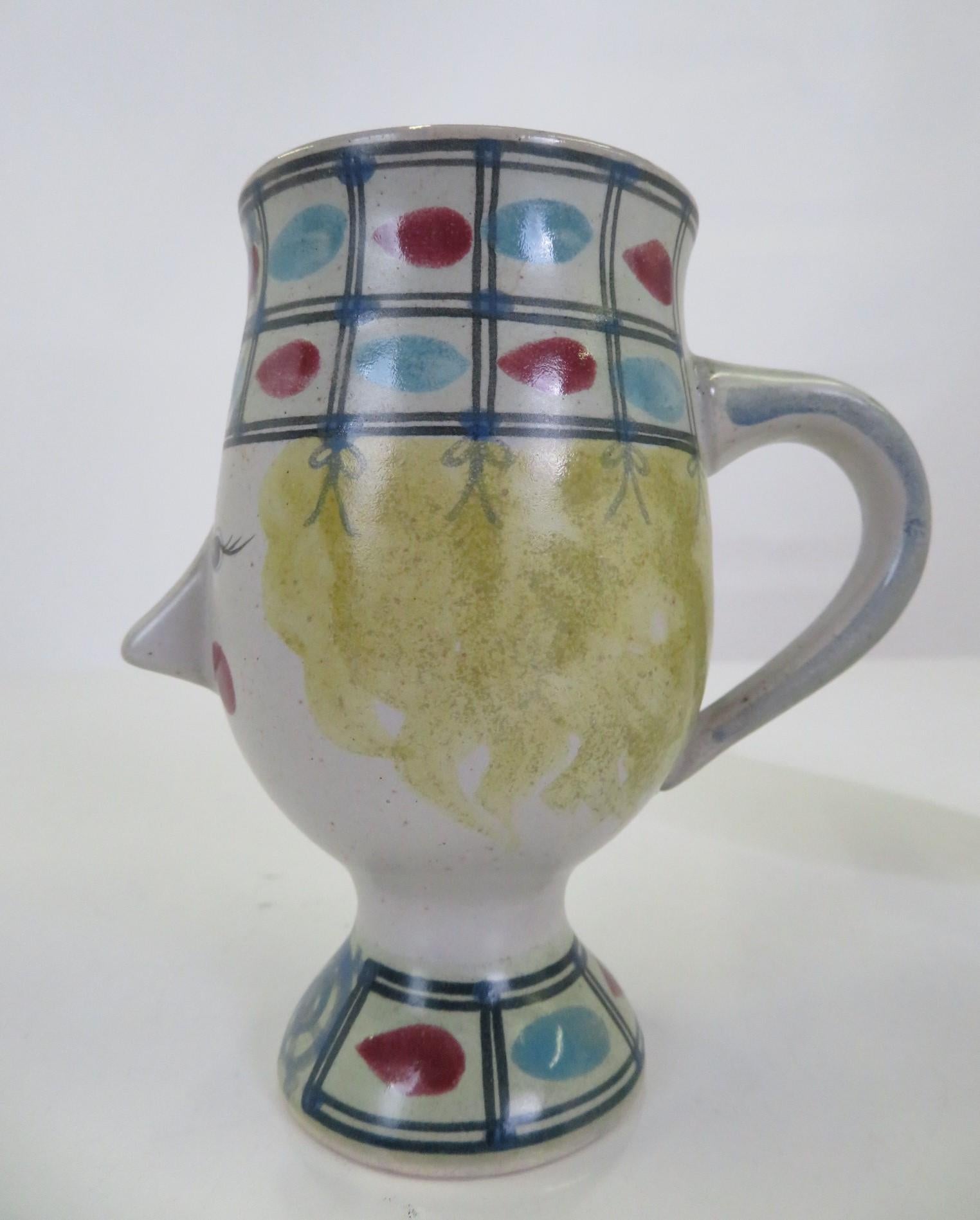 Glazed Bjorn Wiinblad Style Ceramic Heads as Cappuccino Coffee Mugs Fitz & Floyd 1980s For Sale