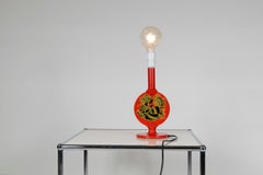 Bjorn Wiinblad Table Lamp by Lyfa in Orange Colored Wood Black and Gold Motiv