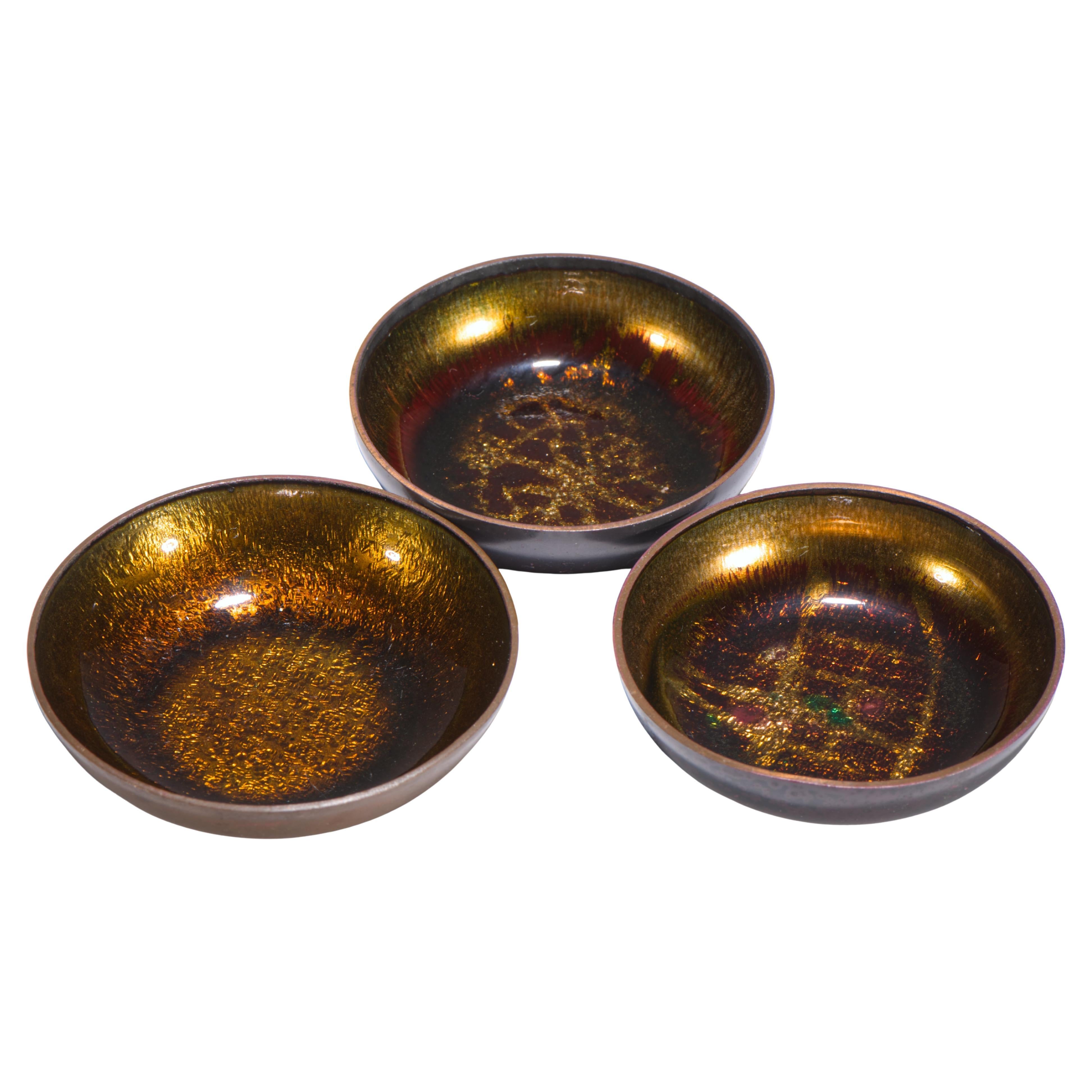 Bjørn Engø Norway Set of 3 Enamel on Copper Bowls, Scandinavian Modern1950s-1960 For Sale