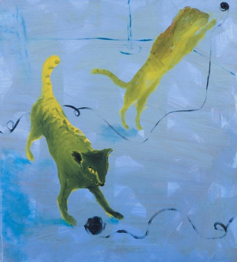 Bjørn Eriksen (b. 1957), a contemporary Danish artist. Oil on canvas.
Cats playing with skeins of yarn. Abstract composition.
Signed and dated 2006 on the back of the canvas.
In perfect condition.
Dimensions: 53.0 cm x 60.0 cm.
