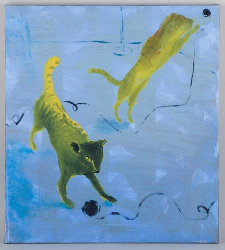 Danois Bjørn Eriksen, artiste danois contemporain. Huile sur toile. Chats en train de jouer en vente